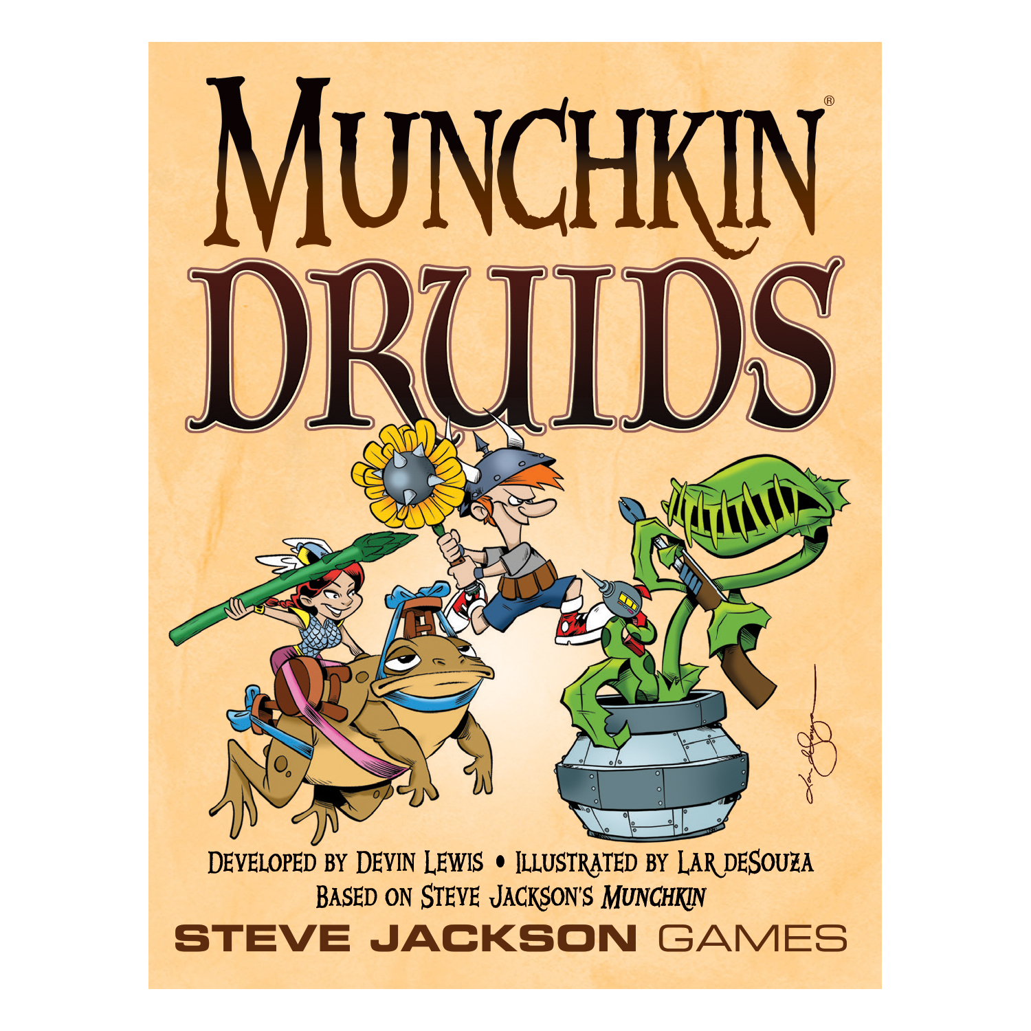 Cover-Art für Munchkin Druids. Charaktere sind eine Frau auf einem Frosch, ein Mann mit einer Waffe und ein Pflanzenmonster. Text: Munchkin Druids.