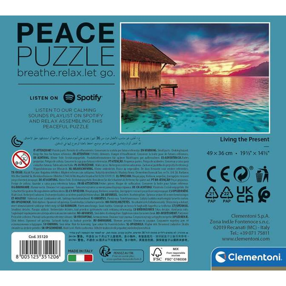 Boîte de puzzle avec image d'une cabane sur l'eau au coucher du soleil. Texte inclut 'Peace Puzzle' et logo Spotify.