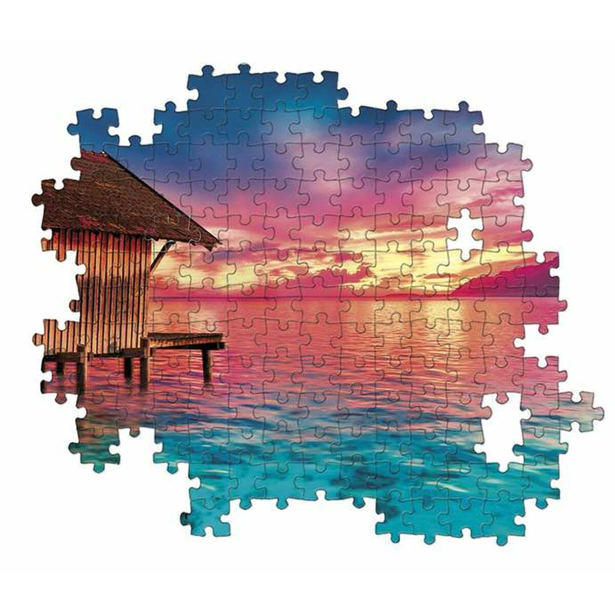 Puzzle d'une scène de coucher de soleil avec une cabane sur pilotis dans l'eau. Le ciel a des teintes roses, oranges et bleues. L'eau est bleue et rouge.