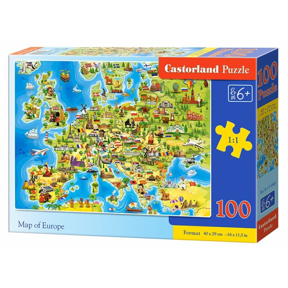 Eine Puzzledose mit einer Europakarte mit Sehenswürdigkeiten und Flaggen. Die Box ist blau, gelb und weiß, mit dem Text 'Castorland Puzzle'.