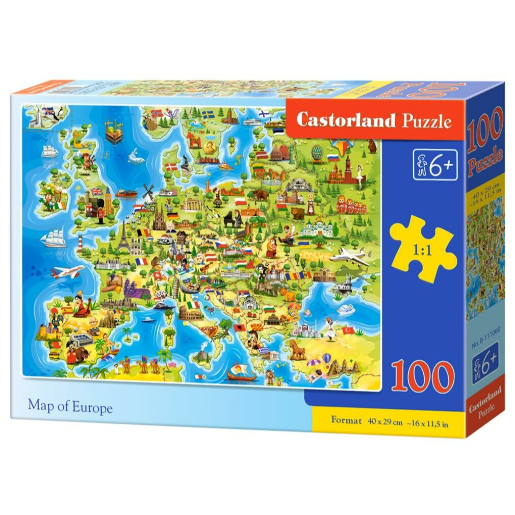 Eine Castorland-Puzzlebox zeigt eine Europakarte mit Flaggen und Sehenswürdigkeiten. Es ist ein 100-teiliges Puzzle für Kinder ab 6 Jahren.