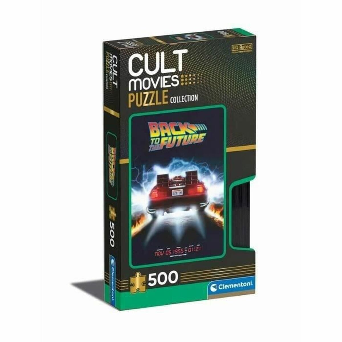 Eine Back to the Future Puzzle-Box. Sie zeigt den DeLorean. Der Text lautet 'Cult Movies Puzzle Collection'.