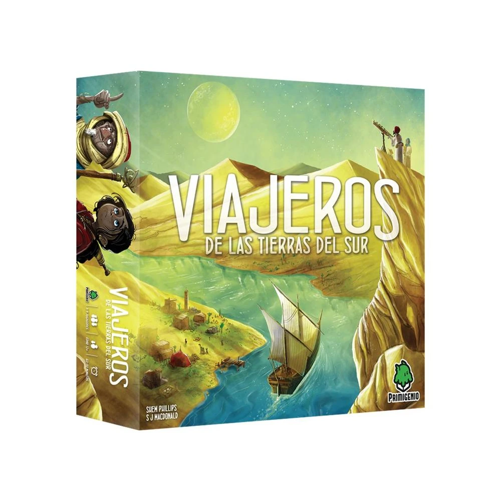 Una caja de juego titulada 'VIAJEROS DE LAS TIERRAS DEL SUR' representa una escena desértica con un barco, montañas y personajes.