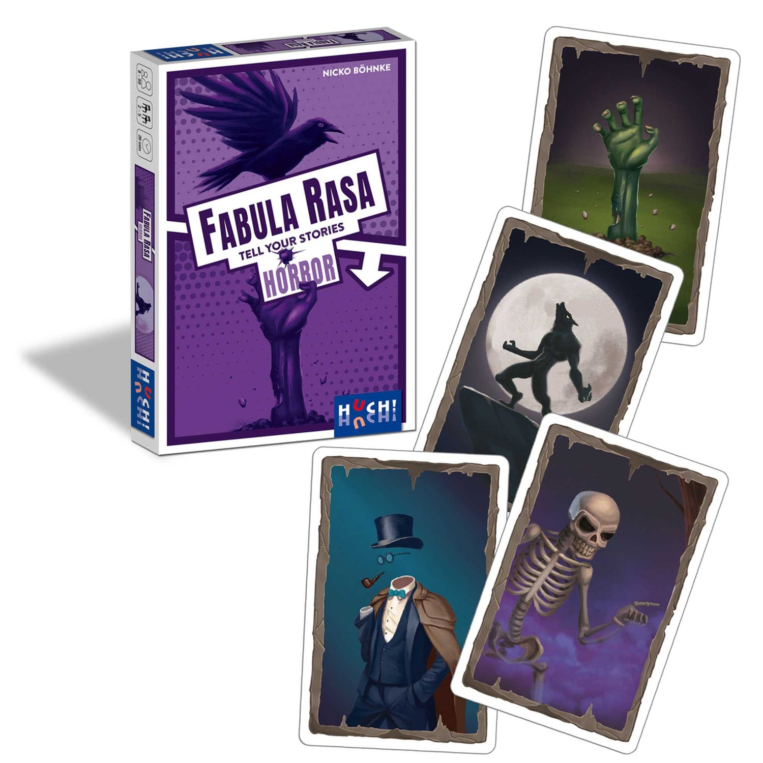 Ein Kartenspiel mit Horror-Themen. Karten zeigen eine Zombiehand, einen Werwolf, ein Skelett und einen kopflosen Mann.