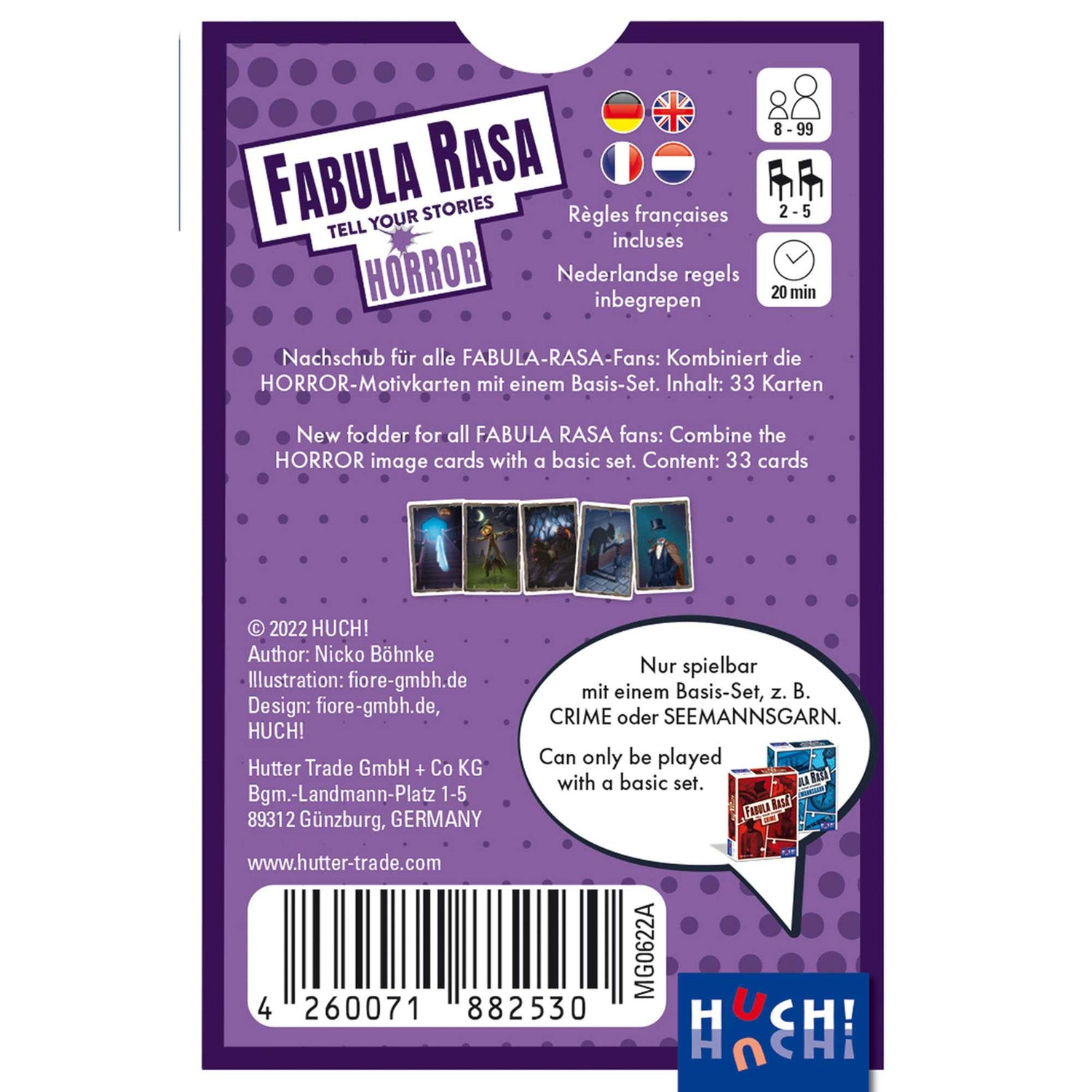 Kartenspielbox. Lila Hintergrund mit Text. Enthält den Spielnamen, Anweisungen und mehrere kleine Bilder.