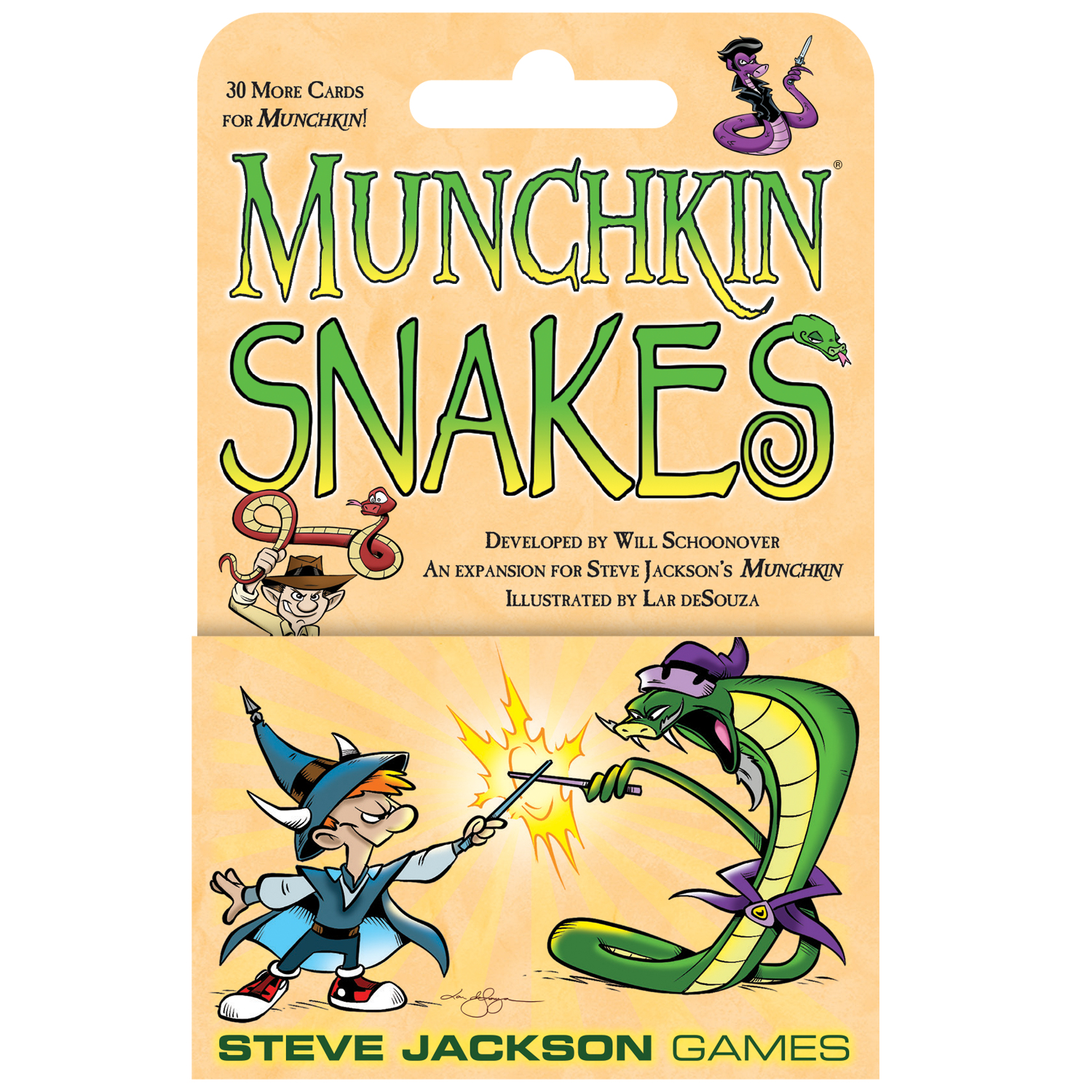Munchkin Snakes Kartenspielbox. Zeigt einen Zauberer, der gegen eine Schlange kämpft, mit dem Spieletitel und Logo.