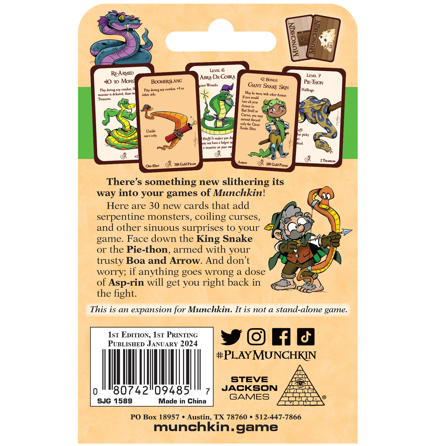 Kartenspielverpackung mit Schlangen- und Cartoon-Illustrationen. Text enthält Spieletitel und Erweiterungsdetails.