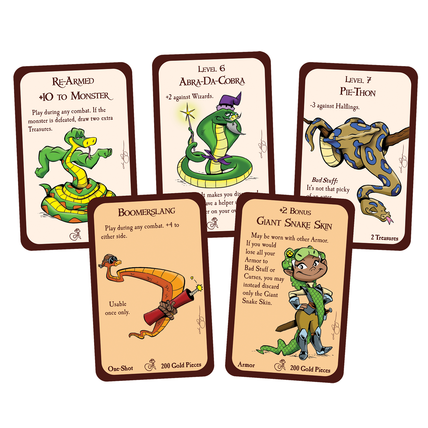 Karten mit Illustrationen und Texten zum Thema Schlangen. Enthält Karten wie Re-Armed, Abra-Da-Cobra, Pie-Thon, Boomerslang und Giant Snake Skin.