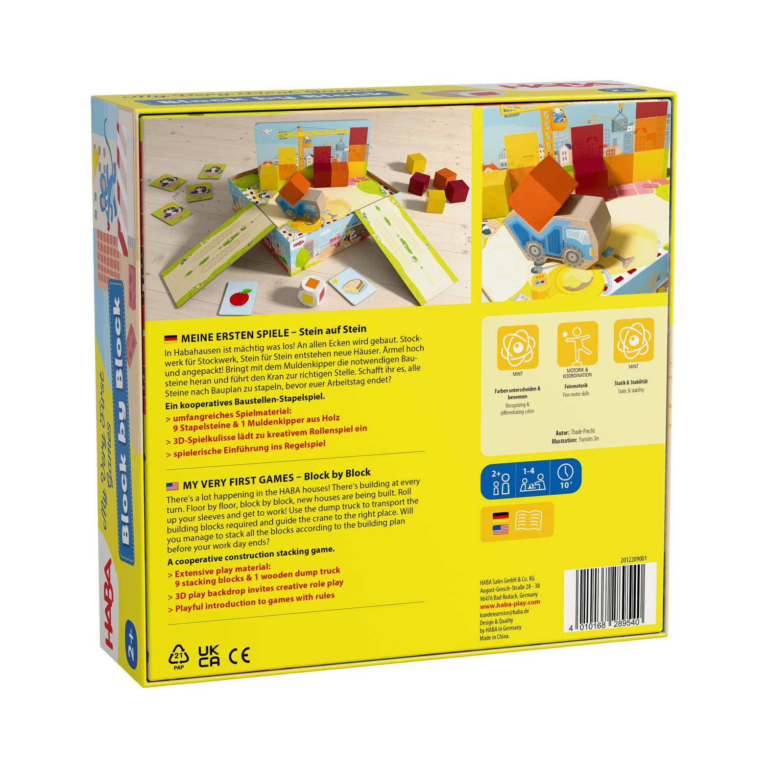 Eine Spielbox zeigt bunte Blöcke, einen LKW und einen Kran. Text beschreibt ein Bauspiel für Kinder.