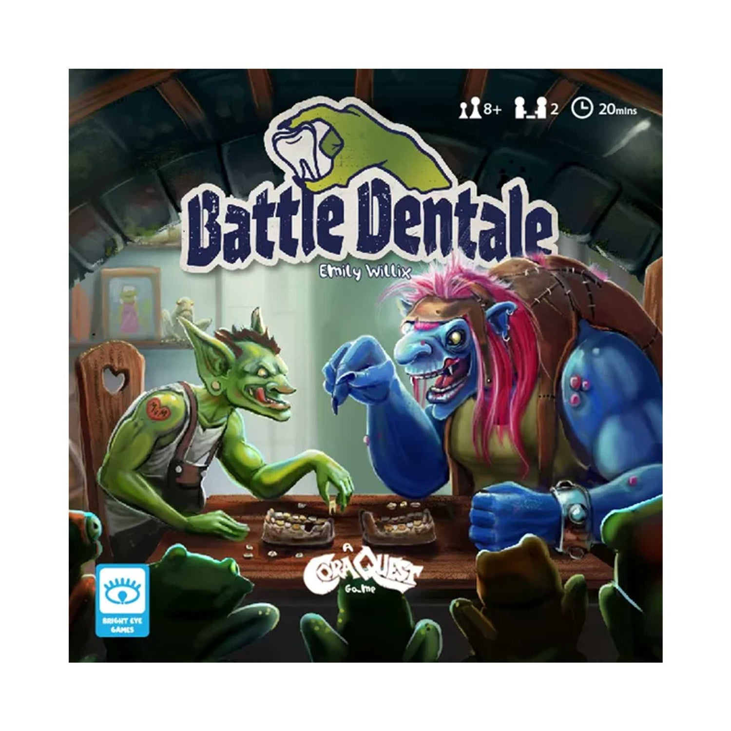 Eine Spielbox mit dem Titel Battle Dentale. Sie zeigt zwei monsterartige Charaktere, die sich an einem Tisch mit Gummizähnen gegenübersitzen.