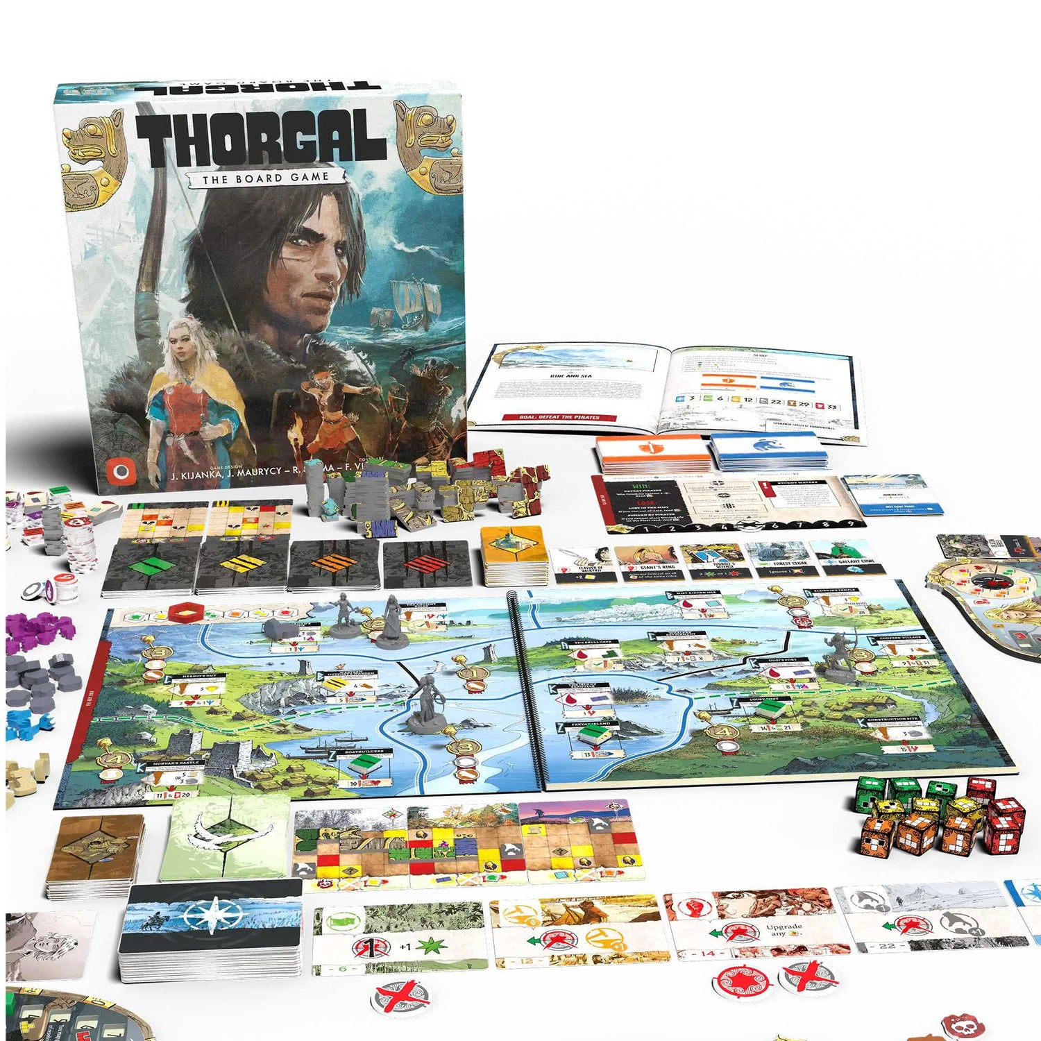 Ein Brettspiel namens 'Thorgal' wird angezeigt. Spielsteine, Karten und ein Spielbrett sind sichtbar. Das Box-Art zeigt einen Mann und eine Frau.
