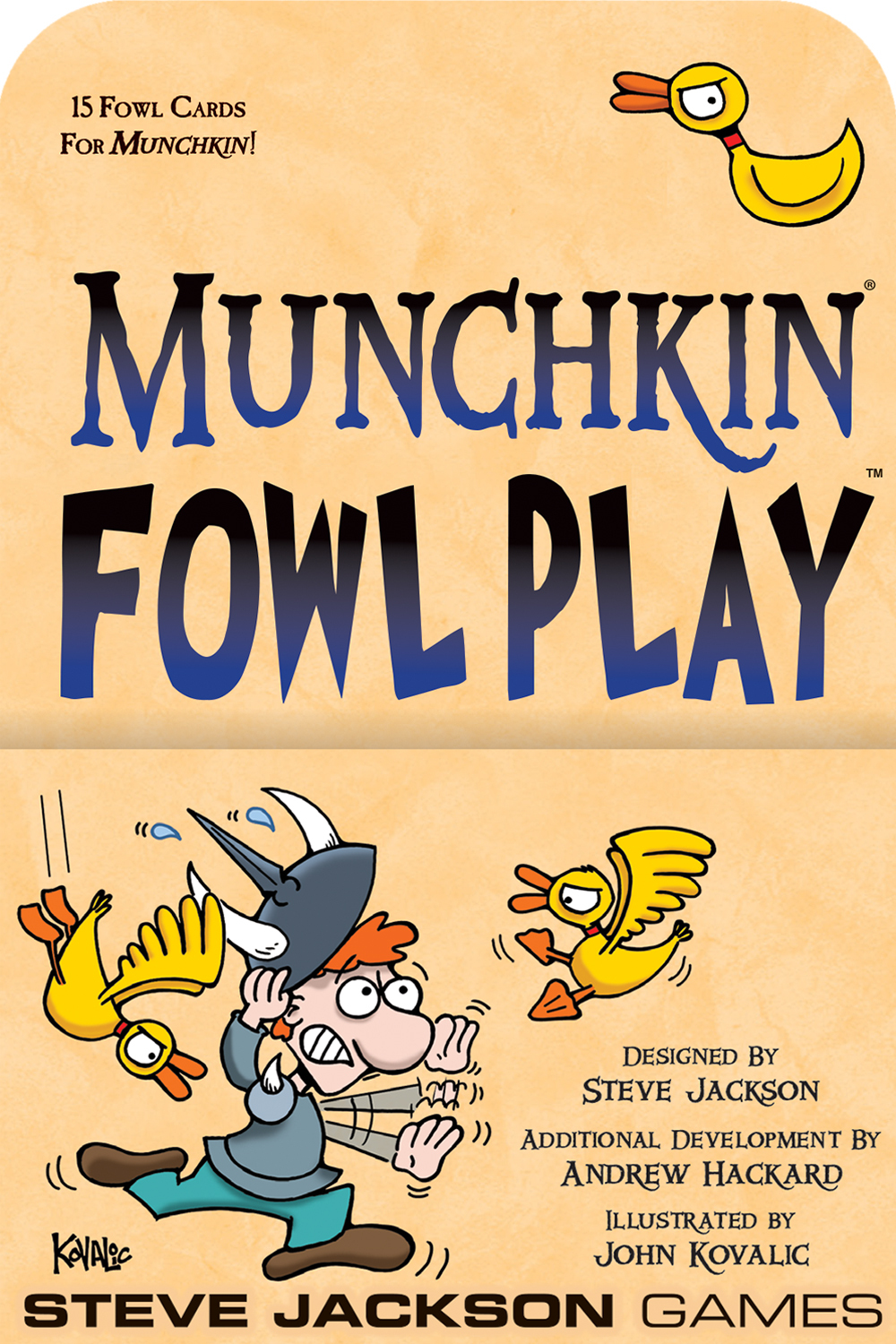 Das Spielcover zeigt den Titel "Munchkin Fowl Play". Ein Comic-Mann wird von wütenden gelben Enten angegriffen. Der Hintergrund ist hellgelb.
