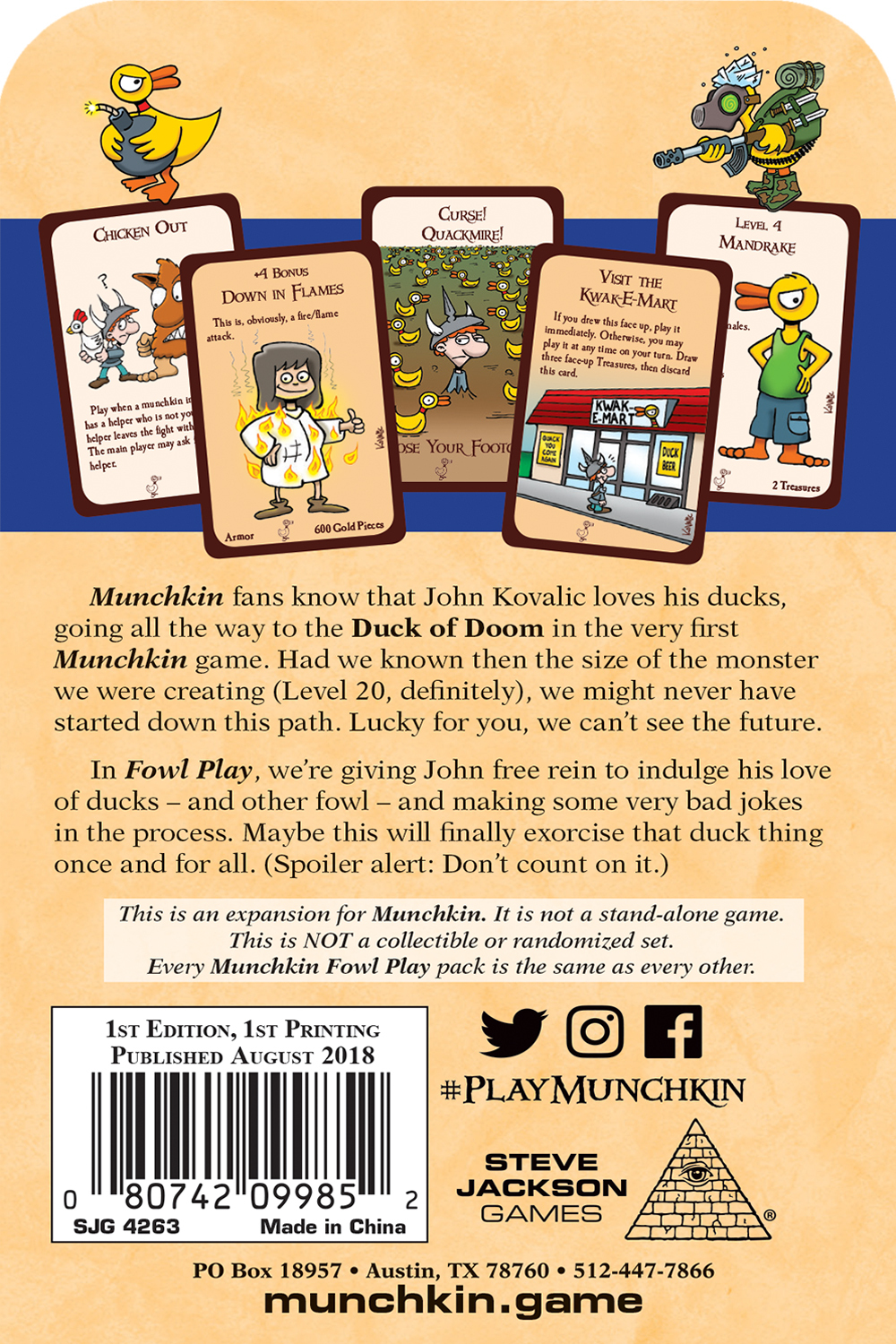 Ein Munchkin-Kartenspielkarton. Auf den Karten sind Enten und Zeichentrickfiguren abgebildet. Der Text enthält Spieldetails und Regeln.