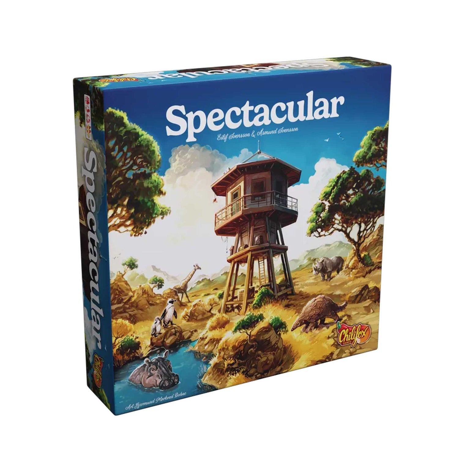 Spielbox mit dem Titel "Spectacular" mit Illustrationen eines Turms, Tieren und Landschaft. Tiere sind Giraffe, Nashorn und Nilpferd.