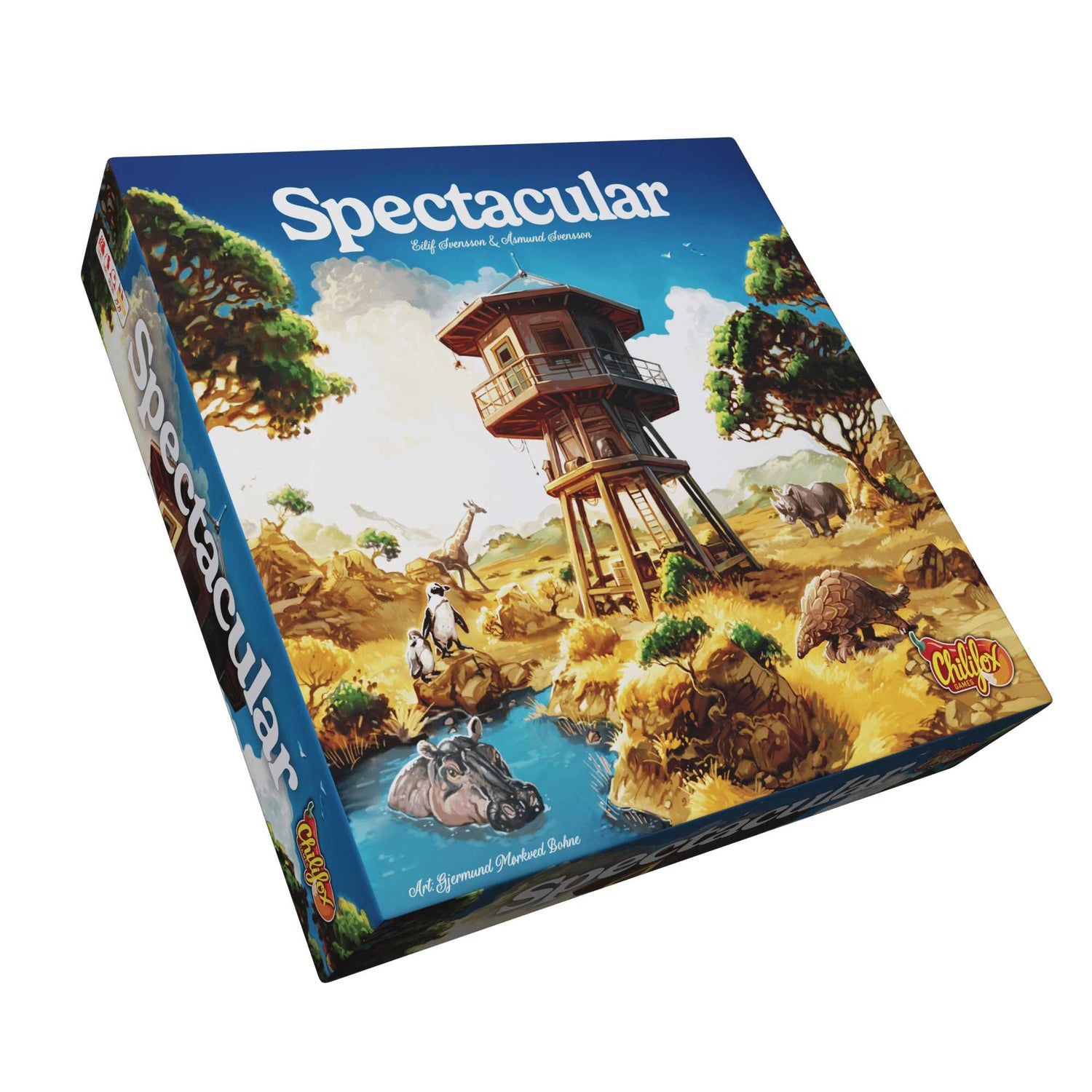 Brettspielbox mit einer Safari-Szene. Enthält einen Wachturm, Tiere wie Giraffen, Pinguine und Flusspferde sowie blauen Himmel.