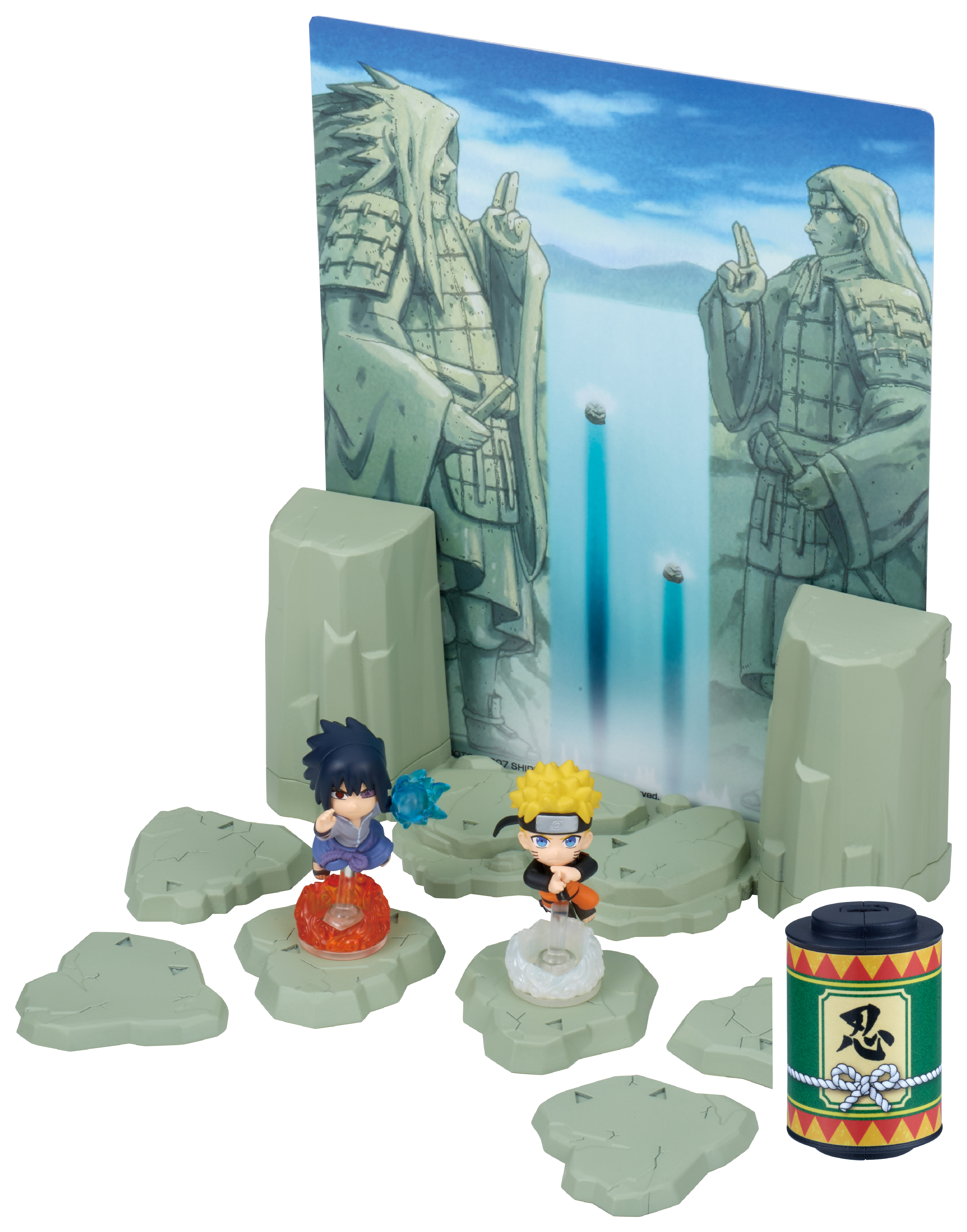 Figurines of Naruto and Sasuke with a background of stone statues and a can with Japanese writing.