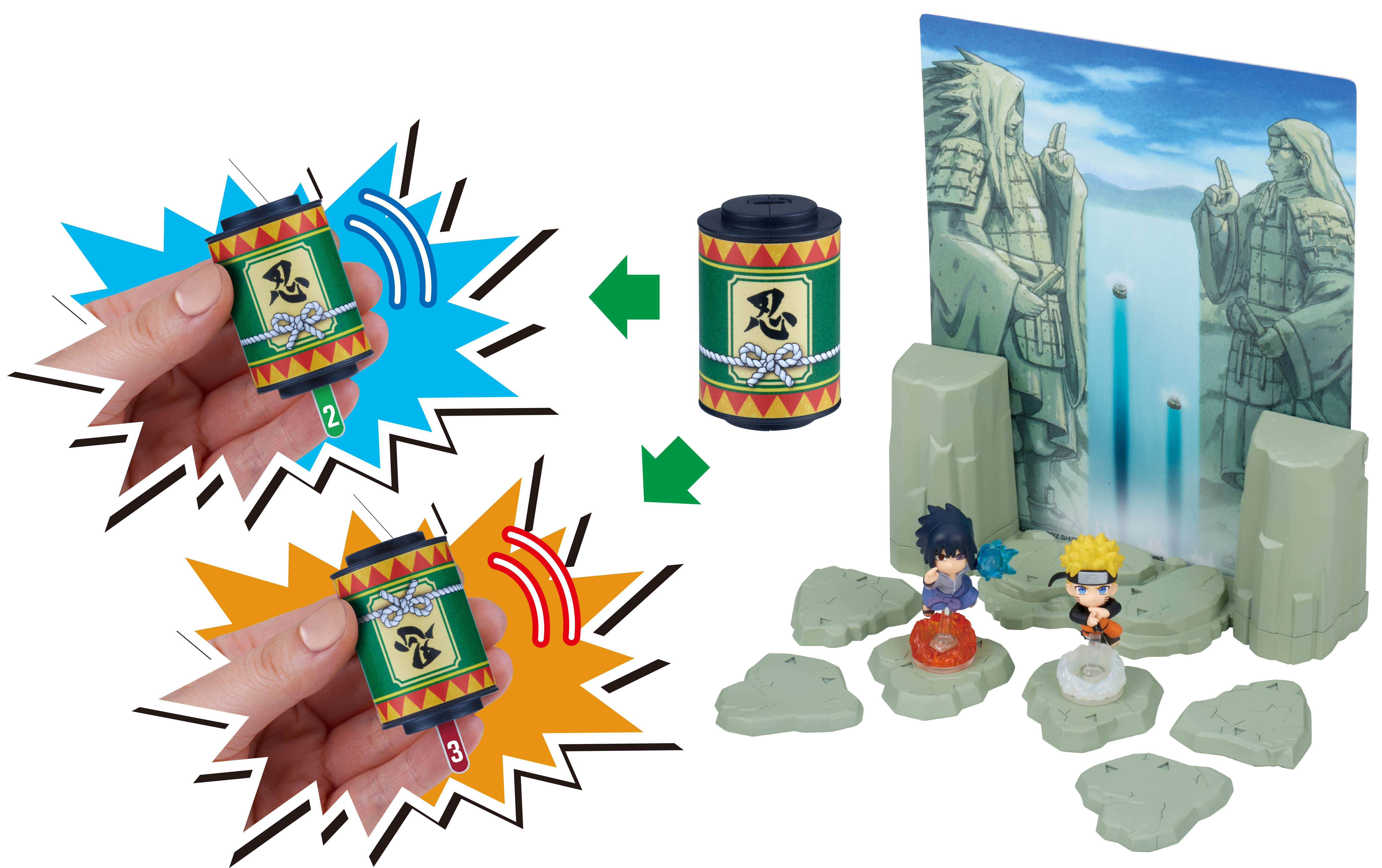 Image shows Naruto figures, a backdrop of statues, and hands holding ninja toy. The toy has Japanese characters.
