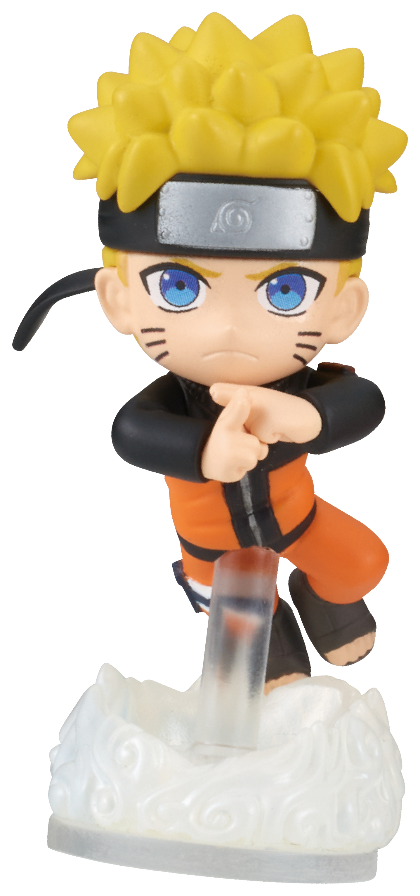 Figurine of Naruto in orange and black outfit, with spiky yellow hair and a headband. Posed on a cloudy base.