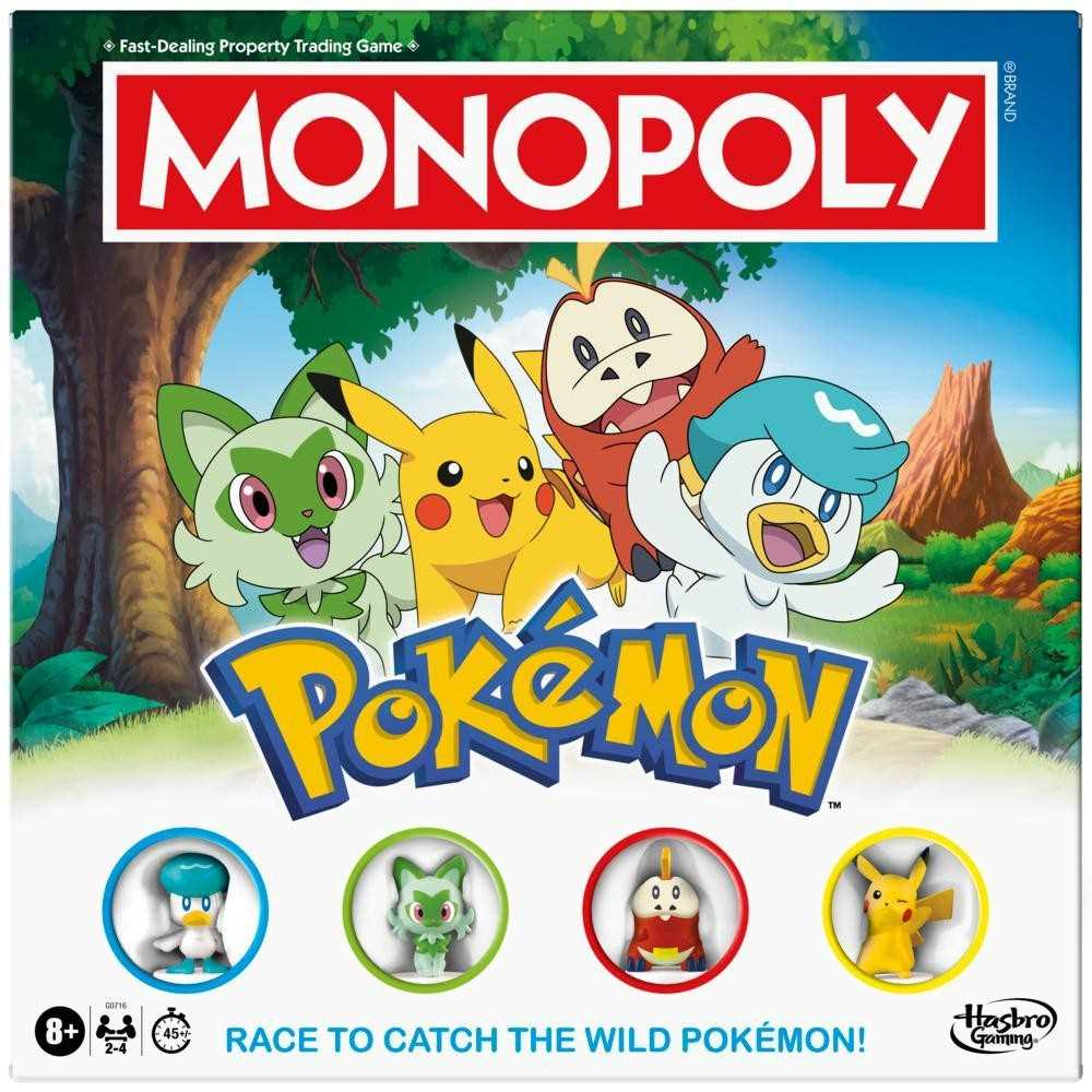Juego de mesa Monopoly Pokémon. Personajes Pikachu, Sprigatito, Fuecoco y Quaxly. Piezas del juego se muestran abajo.