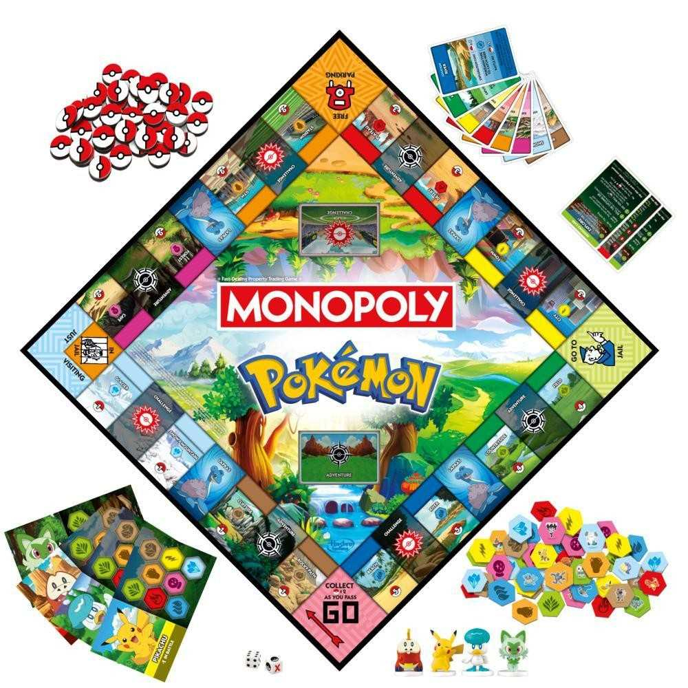 Un juego de mesa Monopoly de Pokémon. Incluye tablero, cartas, fichas, dados y figuras de Pokémon. Diseño colorido con personajes de Pokémon.