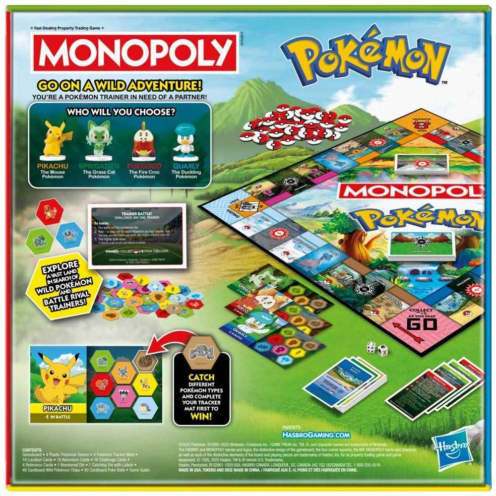 Juego de mesa Monopoly Pokemon con personajes como Pikachu. Tablero, cartas, dados y fichas visibles.