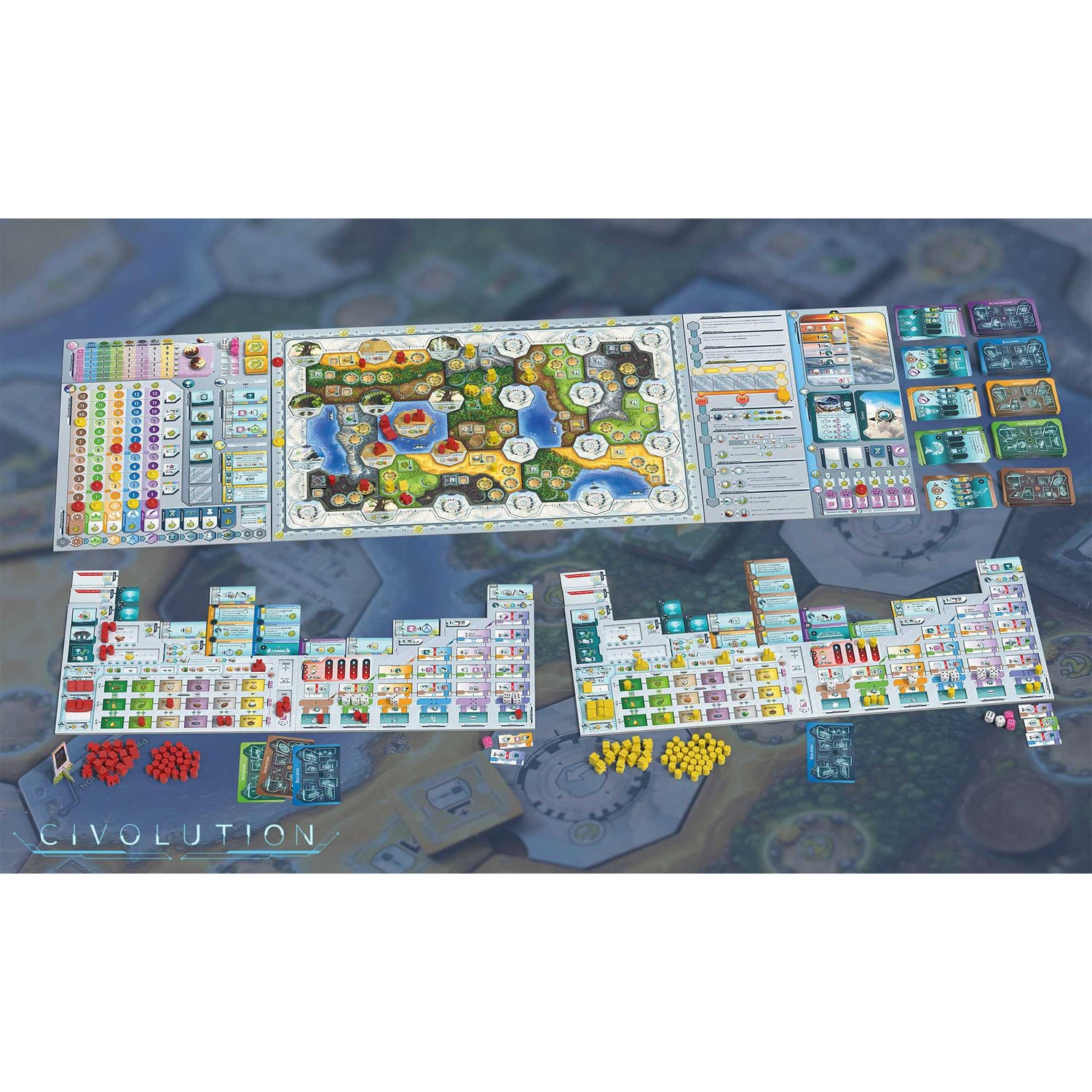 Ein Brettspiel mit detaillierten Spielbrettern, Karten und Spielsteinen. Das zentrale Brett zeigt eine Karte mit Gebäuden und einem See.