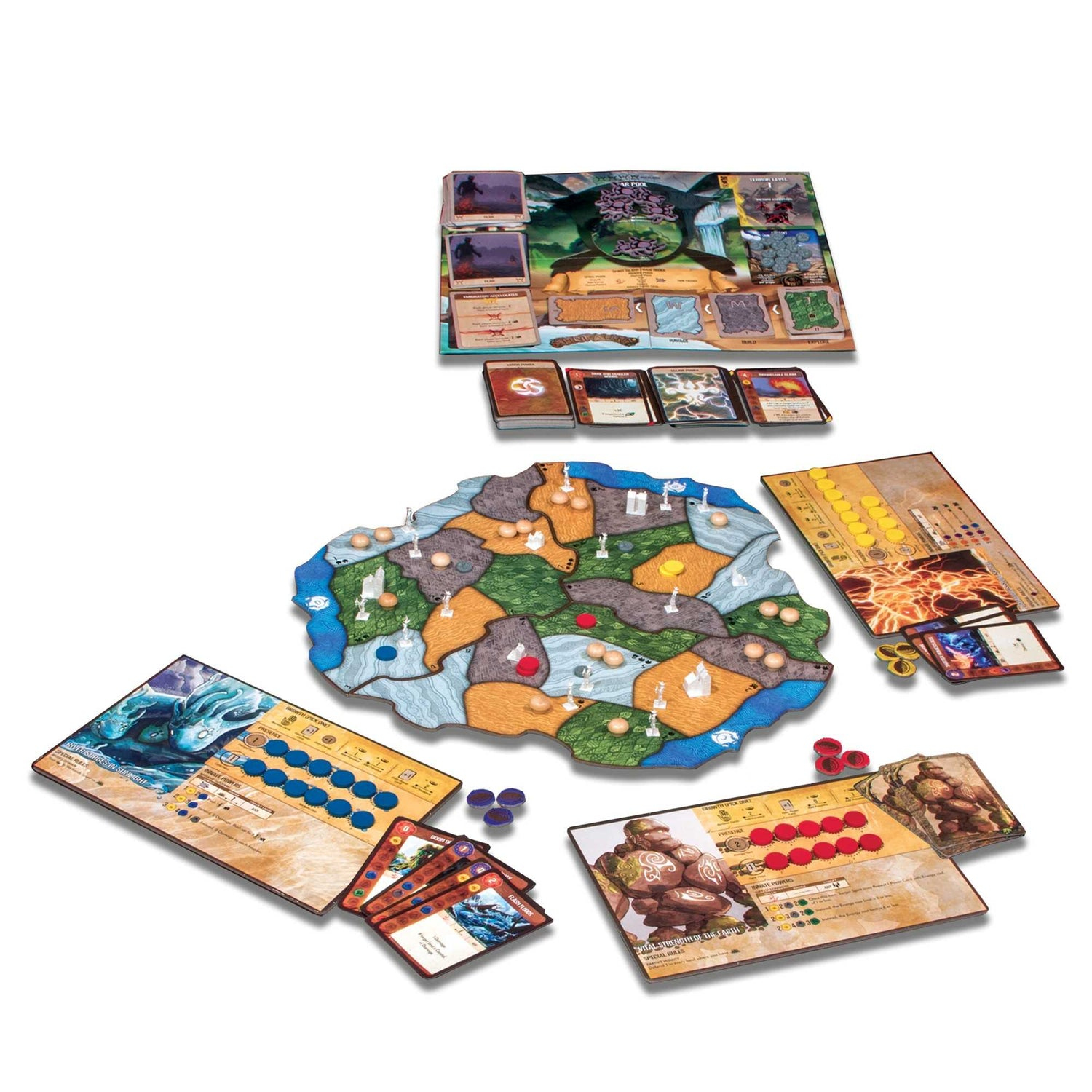 Ein Brettspiel-Setup mit Spielbrettern, Karten und Spielsteinen. Das zentrale Brett ist eine Insel. Karten zeigen Kunst und Text. Spielsteine sind rot, lila und blau.