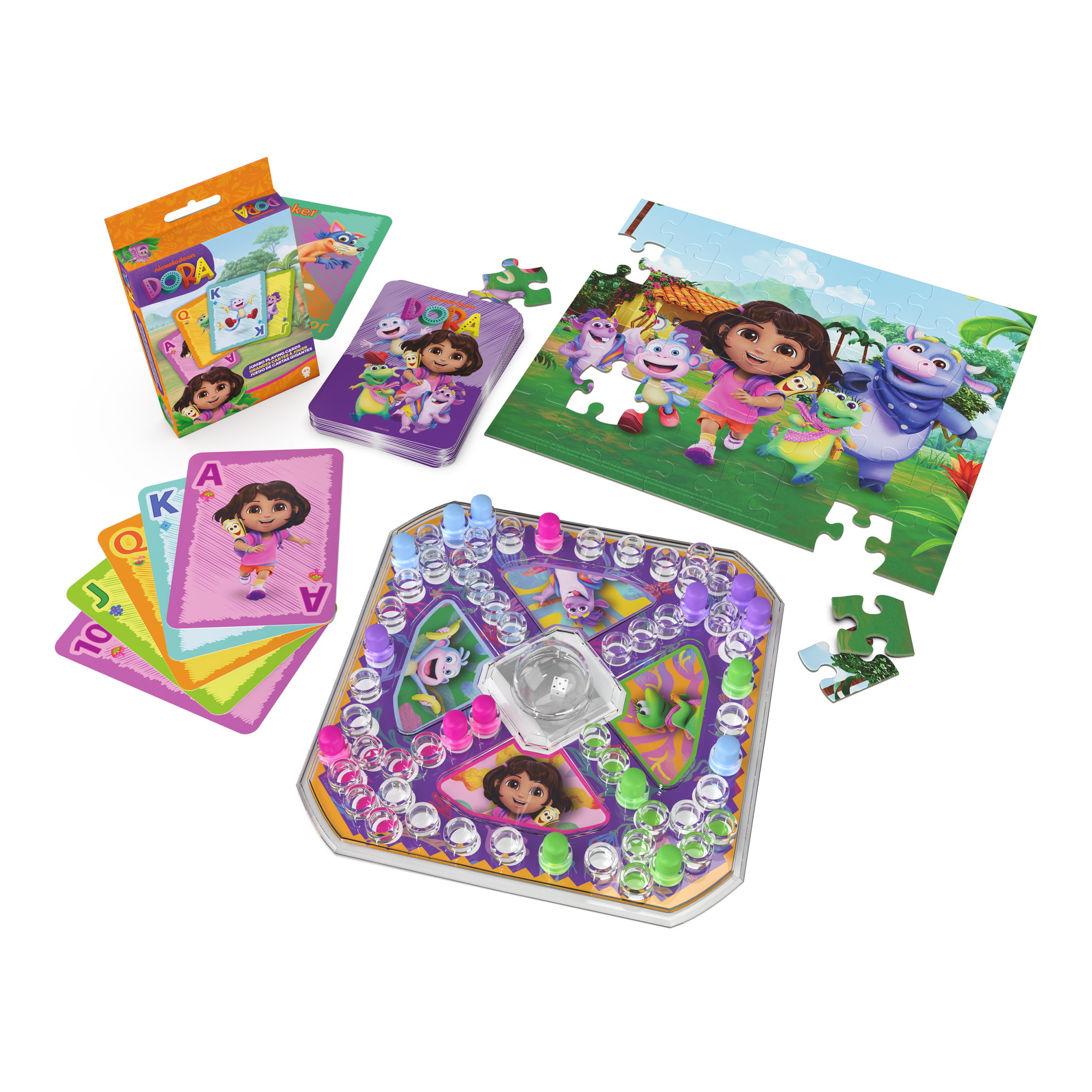 Set di giochi di Dora l'Esploratrice tra cui puzzle, carte e tabellone con personaggi e dadi. Colori vivaci.