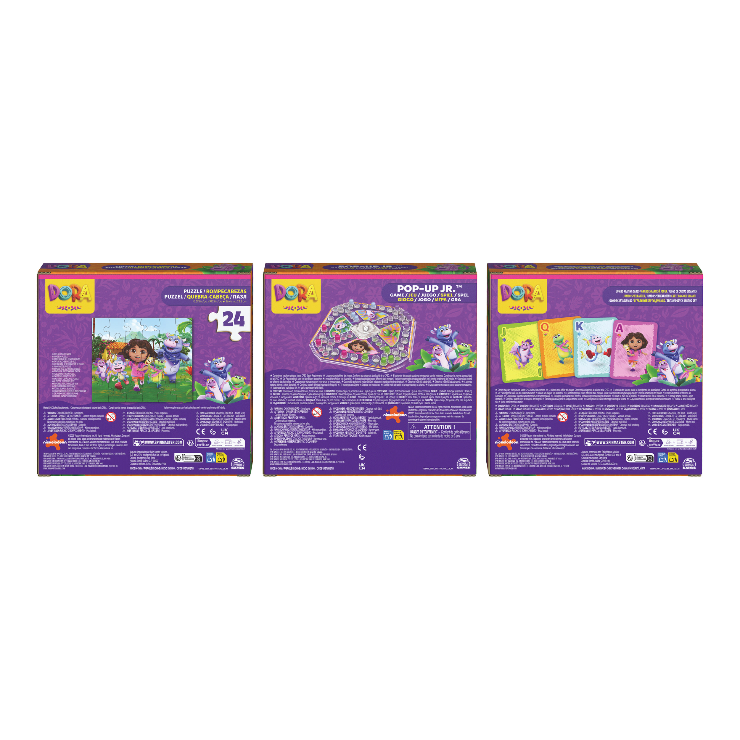 Tre scatole di Dora l'Esploratrice con puzzle, gioco pop-up e carte da gioco sono esposte.