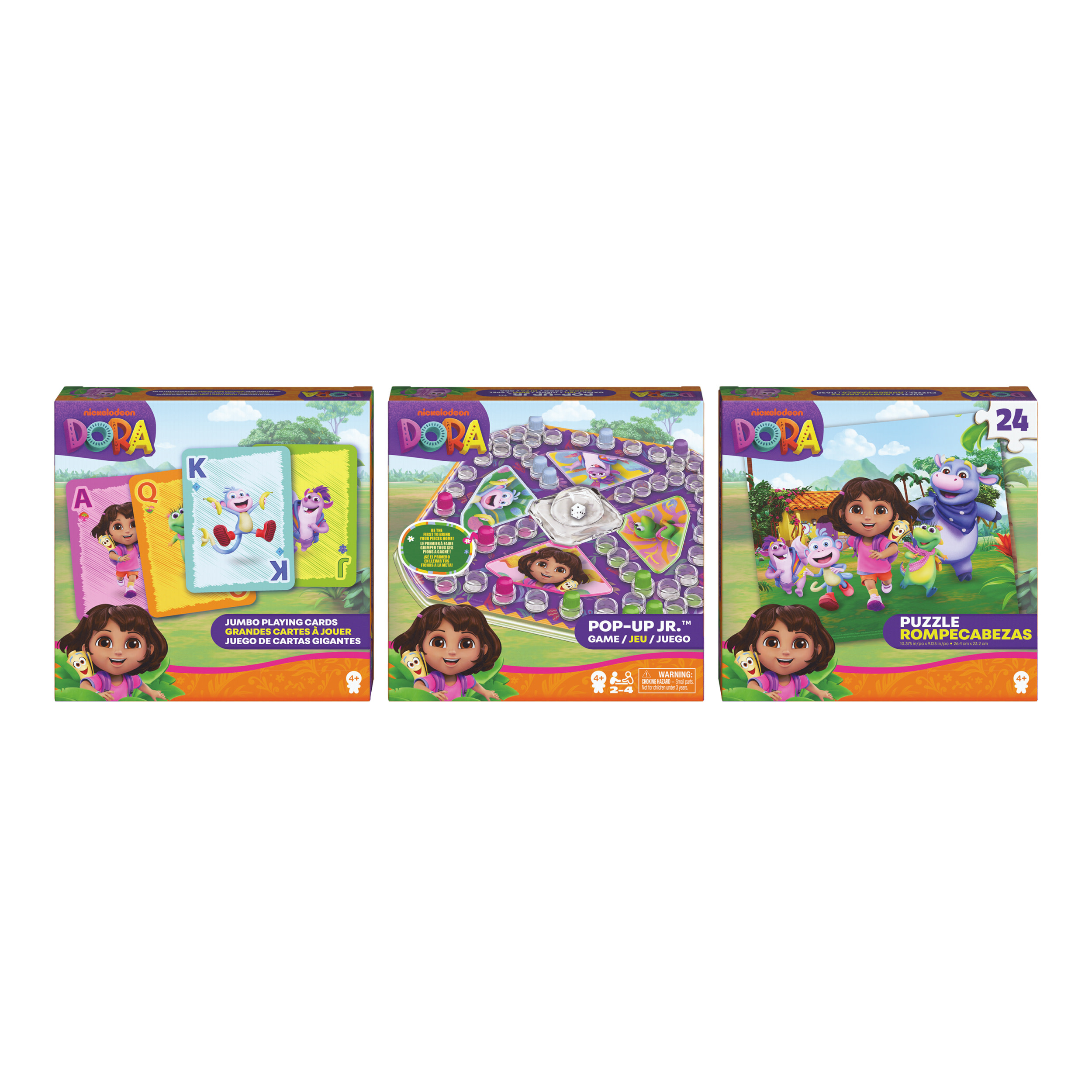 Tre scatole di giochi di Dora l'Esploratrice: carte da gioco, gioco Pop-Up Jr. e un puzzle da 24 pezzi.