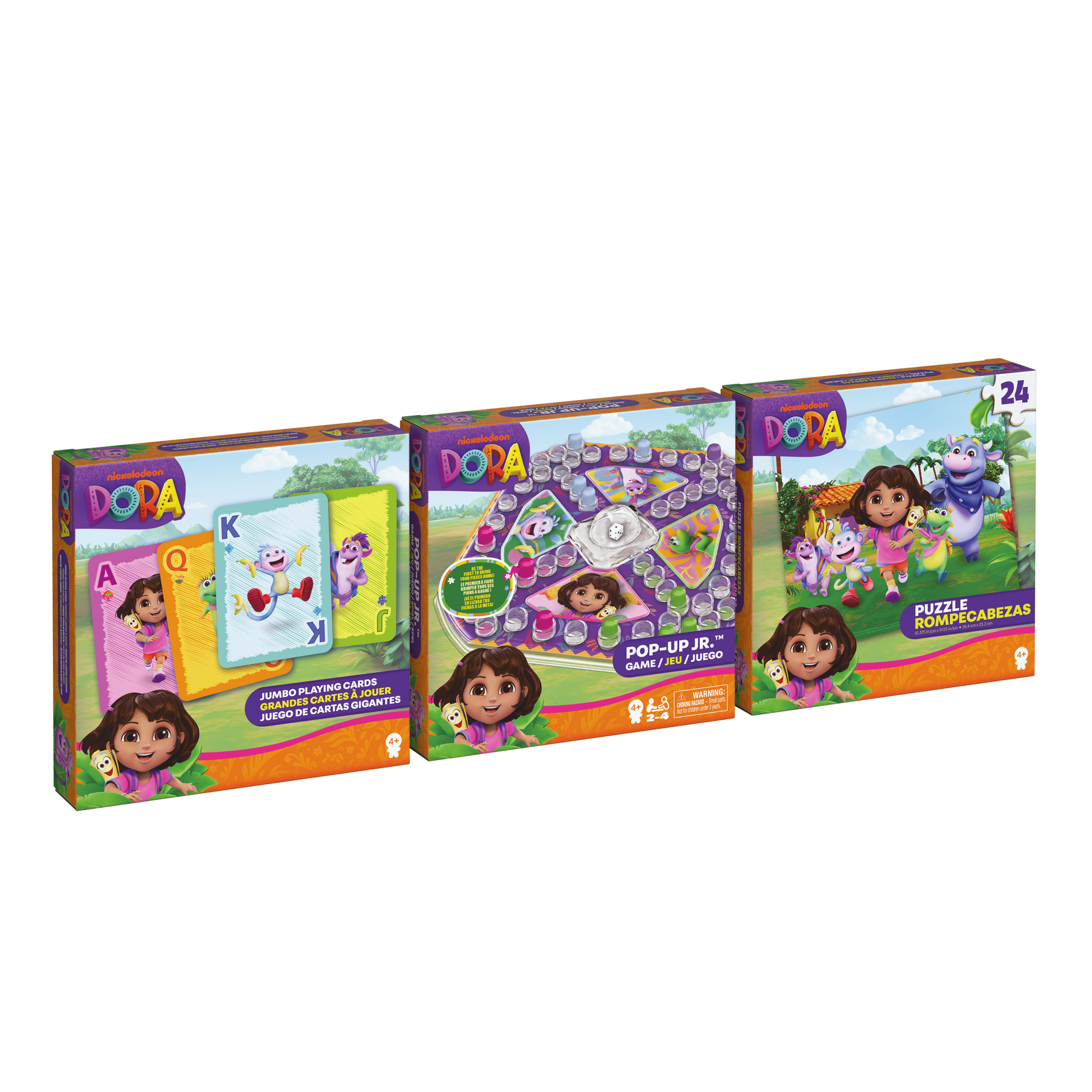 Tre scatole di giochi di Dora l'Esploratrice: carte da gioco, gioco Pop-Up Jr. e un puzzle da 24 pezzi. Le scatole presentano immagini di Dora.