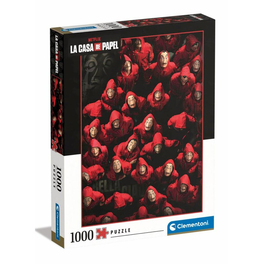 Eine Puzzleschachtel von La Casa de Papel mit Personen in roten Kapuzenanzügen und Salvador-Dalí-Masken. Der Hintergrund ist dunkel.