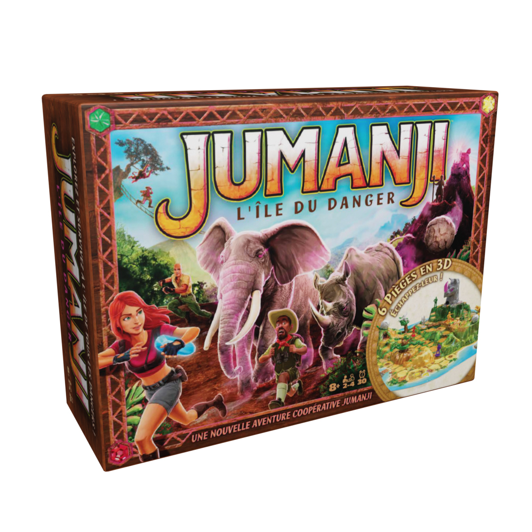 Jumanji bordspel doos. Het toont een olifant, een neushoorn en rennende mensen. De titel van het spel staat in het midden.