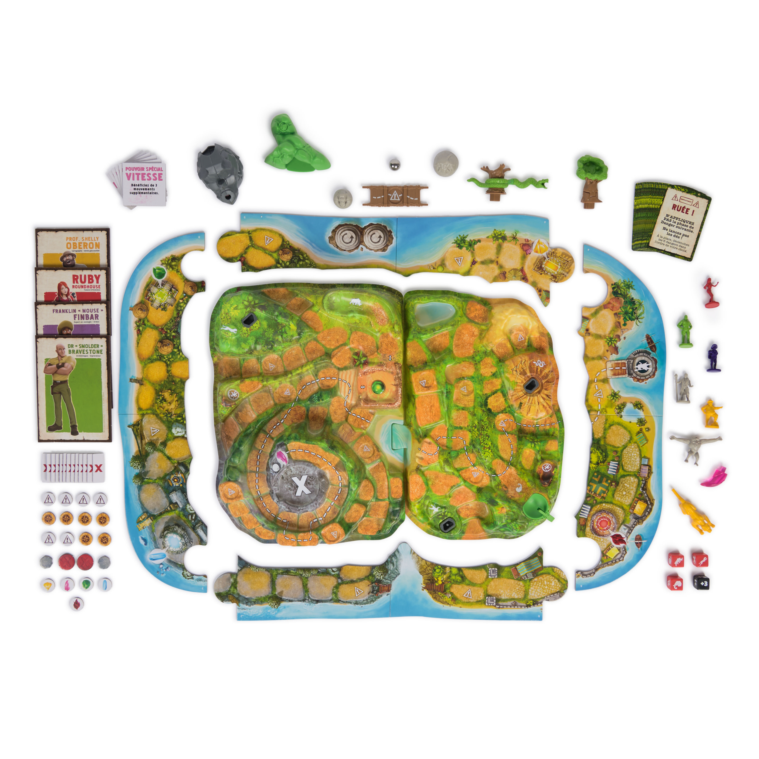 Bordspel met eilanden, speelstukken, kaarten, dobbelstenen en karakterkaarten. Bevat groen, bruin, blauw, wit en rood.