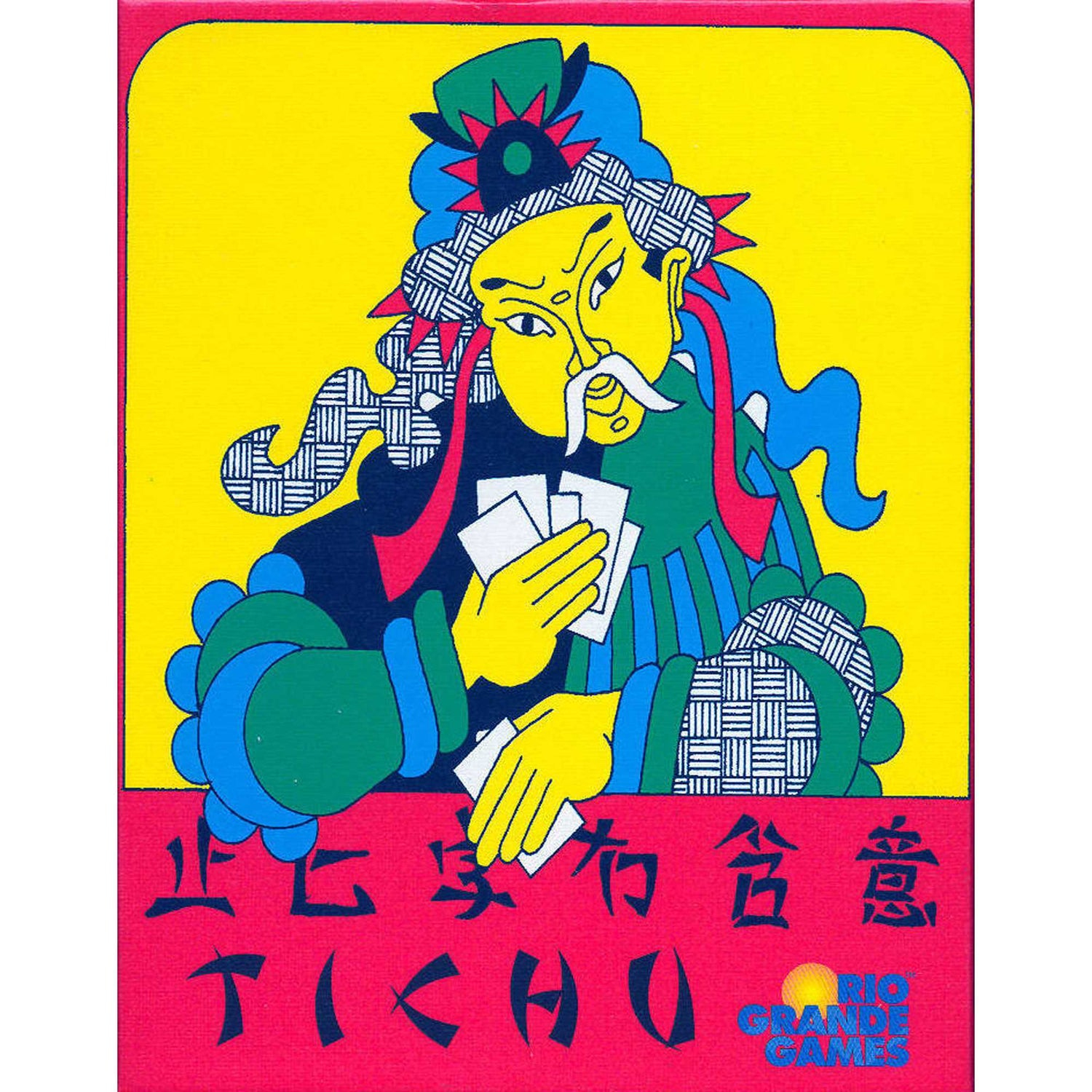 Stylizowana ilustracja osoby trzymającej karty. Postać ma żółtą twarz, białe wąsy i nosi zielono-niebieski strój.