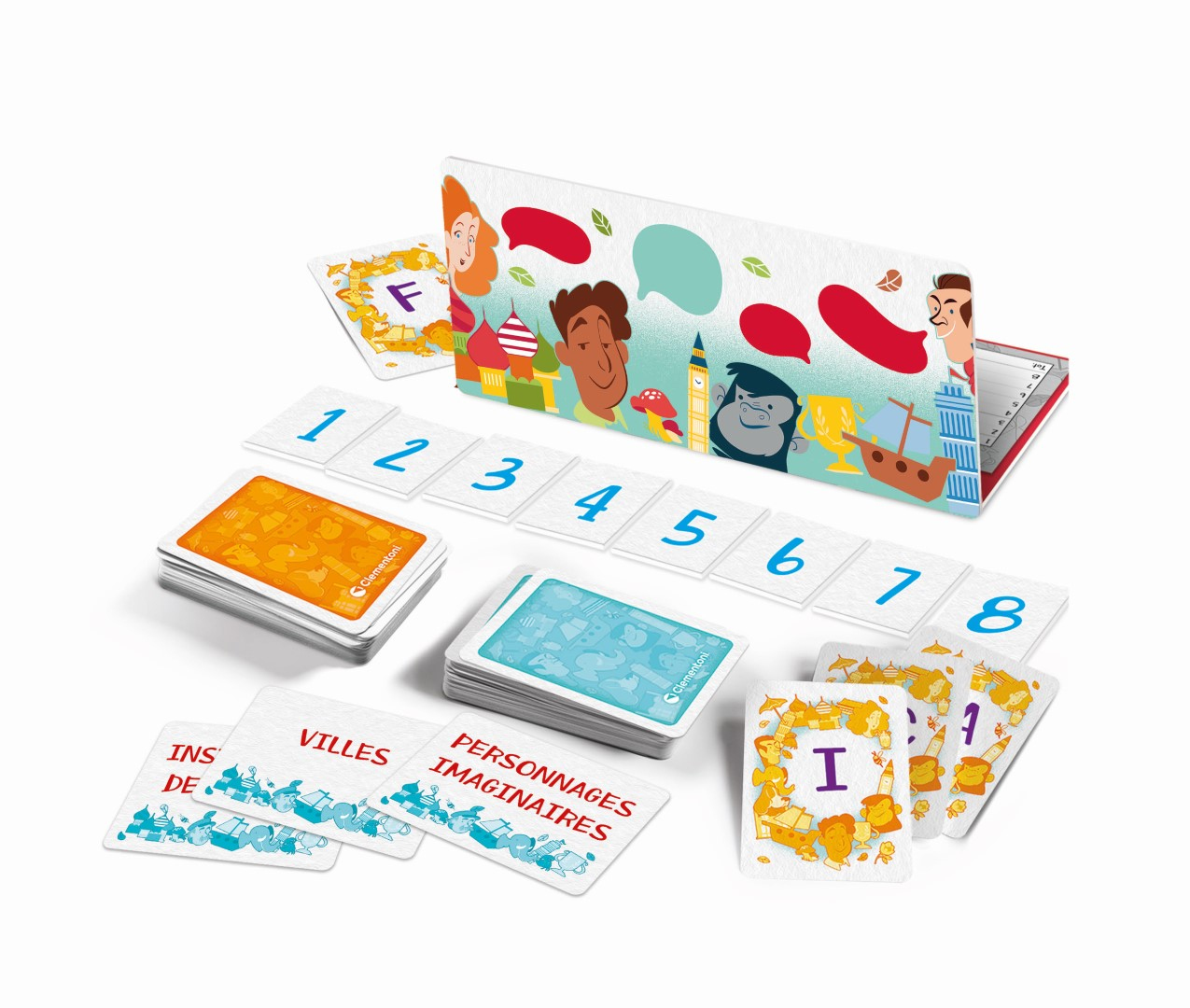 Un gioco con carte e un supporto. Le carte hanno numeri, lettere e illustrazioni di persone, città e personaggi immaginari.