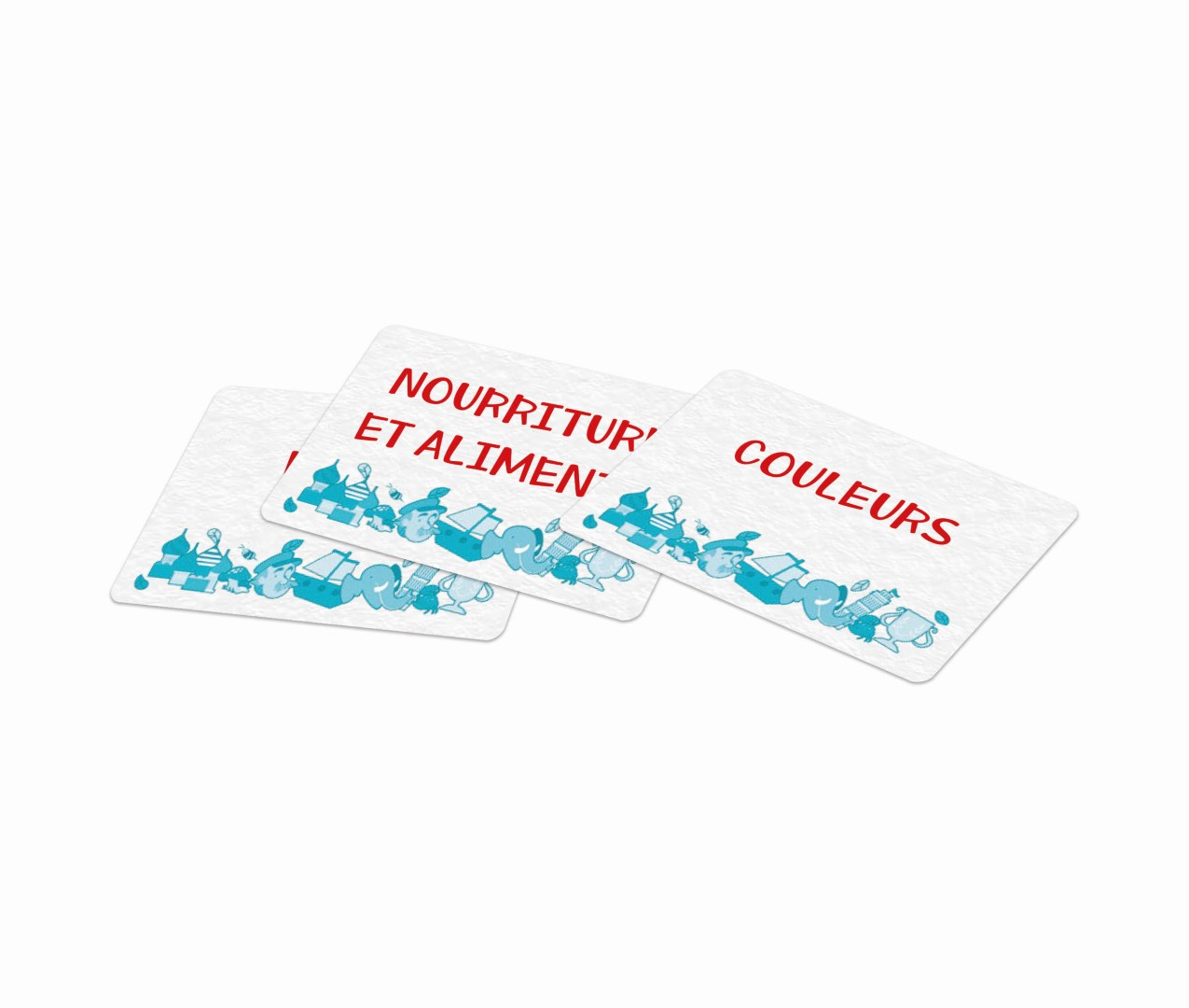 Tre carte bianche con testo e illustrazioni. Testi: 'NOURRITURE ET ALIMEN' e 'COULEURS'. Illustrazioni blu in basso su ogni carta.