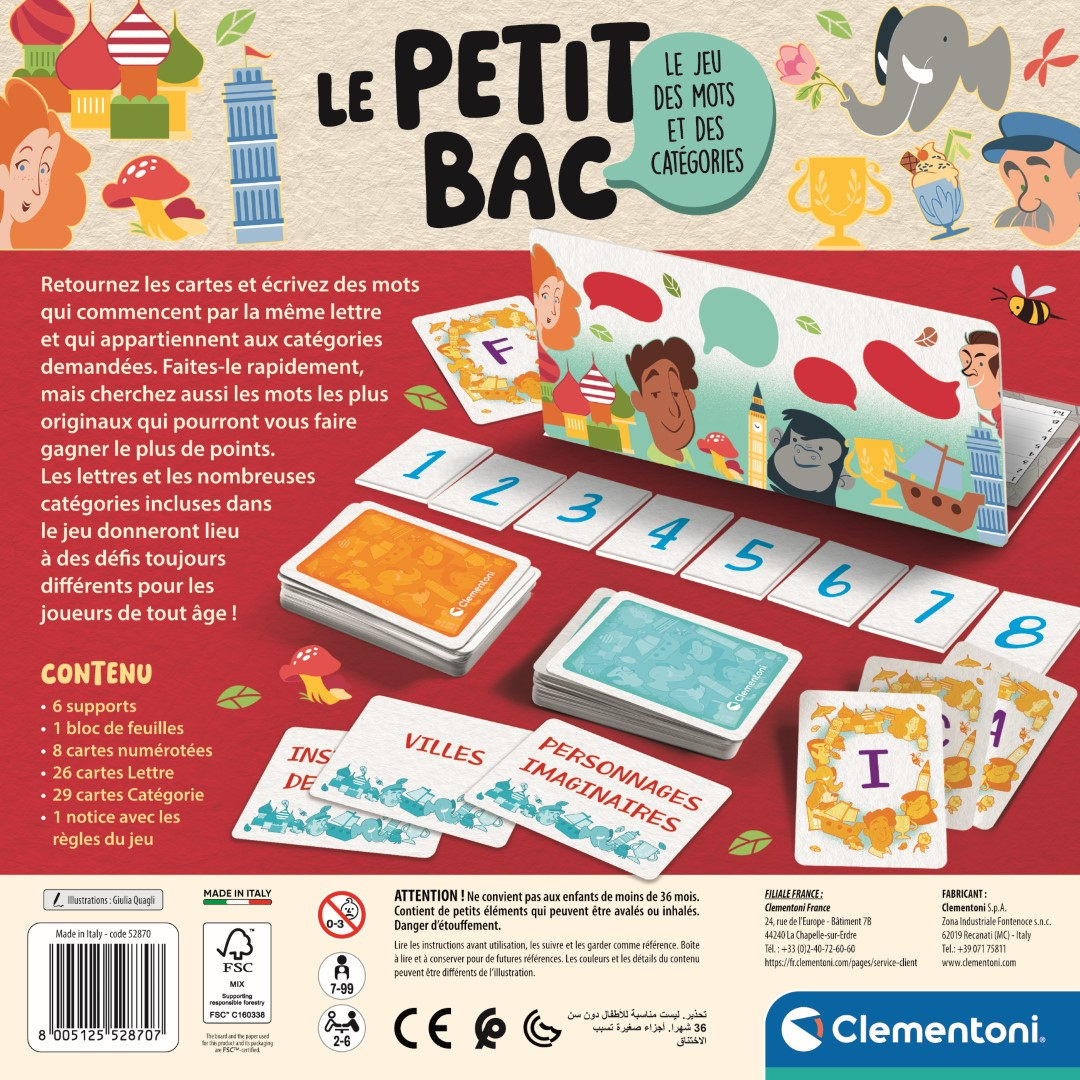Confezione di un gioco. Presenta carte, illustrazioni e il titolo del gioco a grandi lettere.