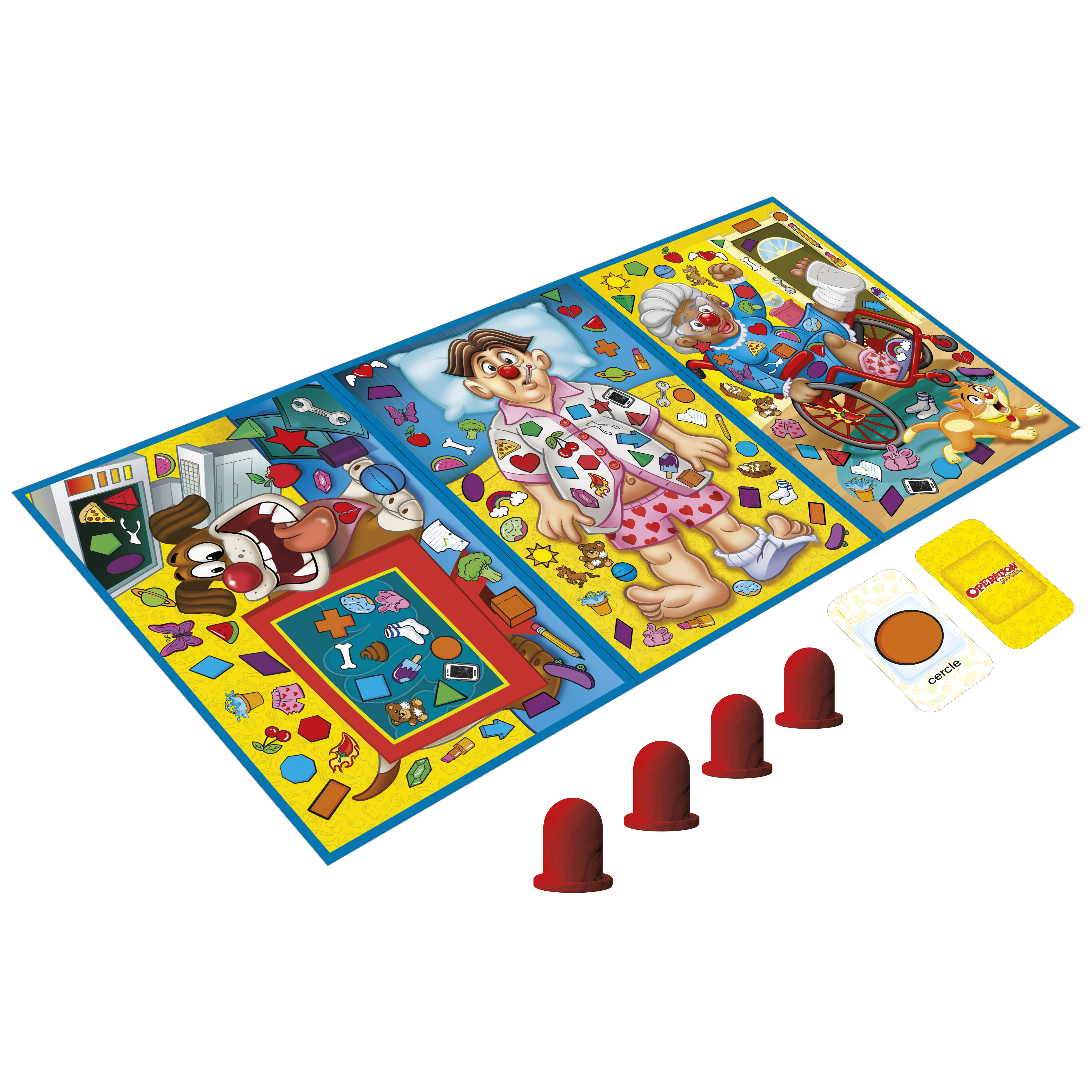Brettspiel mit Zeichentrickfiguren, Karten und roten Spielsteinen. Das Spielbrett hat drei Abschnitte mit Illustrationen.