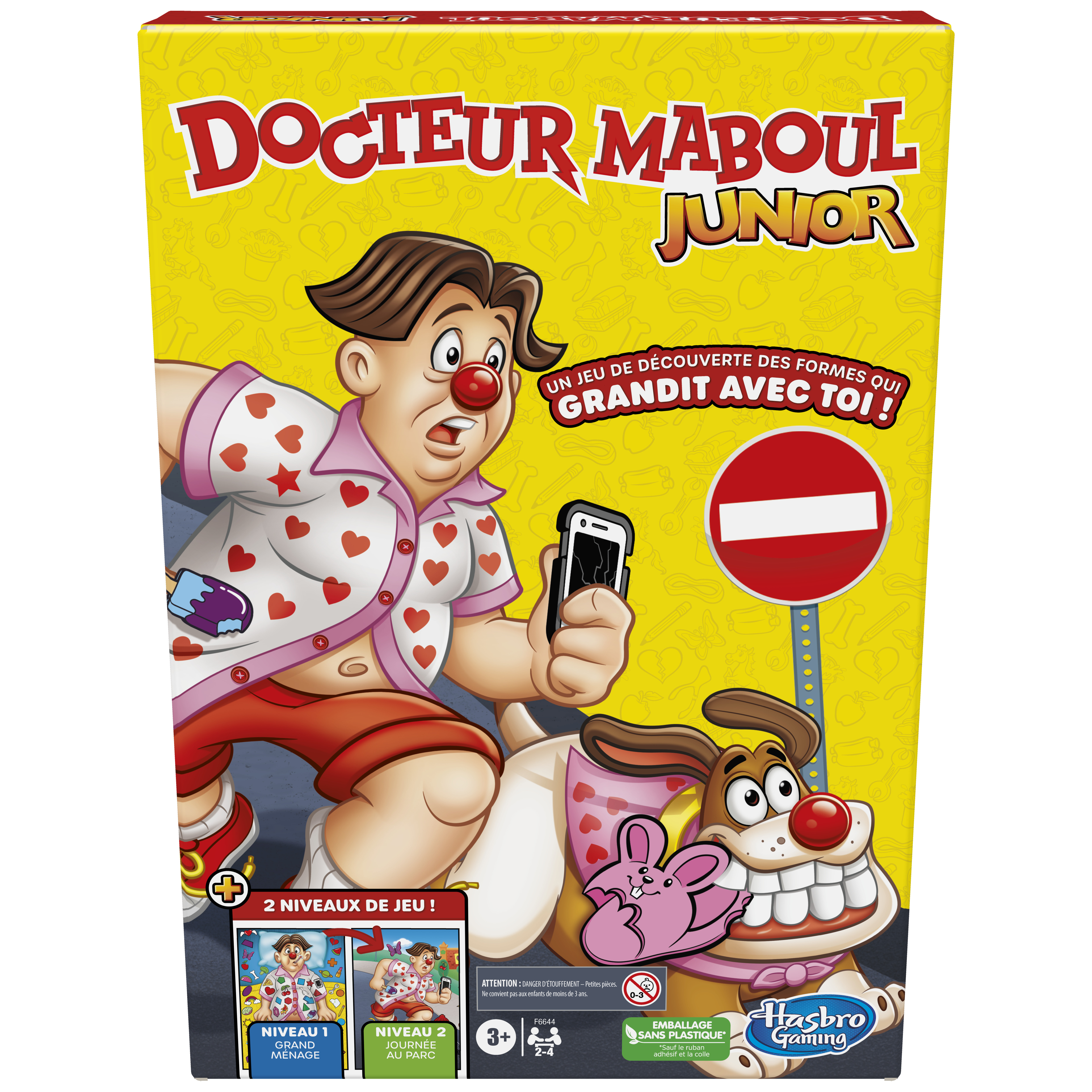 Schachtelkunst für ein Spiel. Ein Zeichentrickarzt mit Telefon und eine Hundefigur sind auf der Vorderseite.