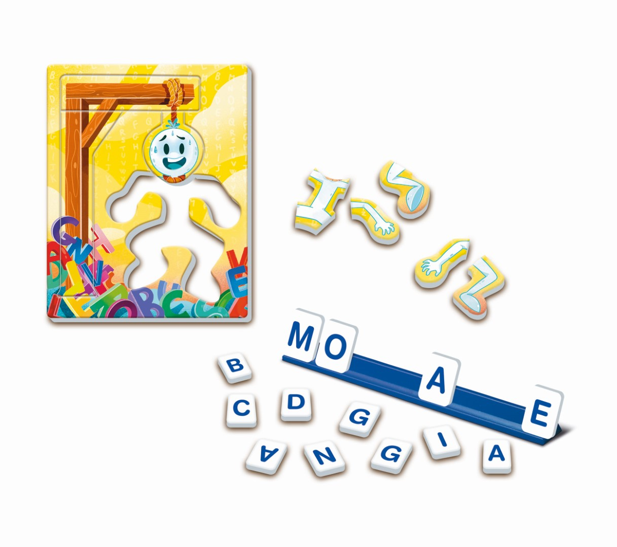 Un puzzle con una figura appesa, pezzi di lettere e la parola 'MORGAIE'.