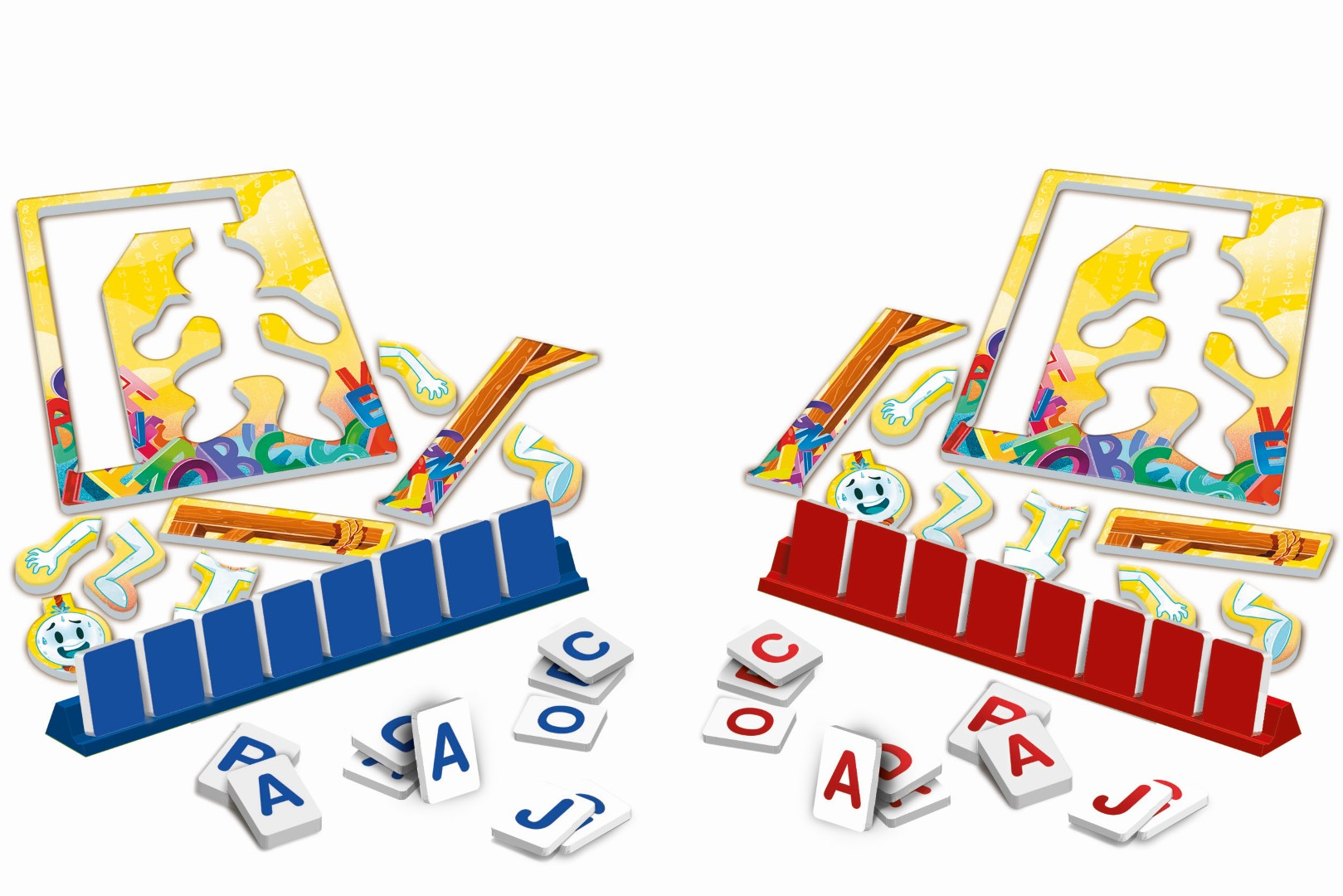 Un gioco da tavolo con pezzi di puzzle gialli, supporti blu e rossi e tessere con lettere. Il gioco è su sfondo bianco.