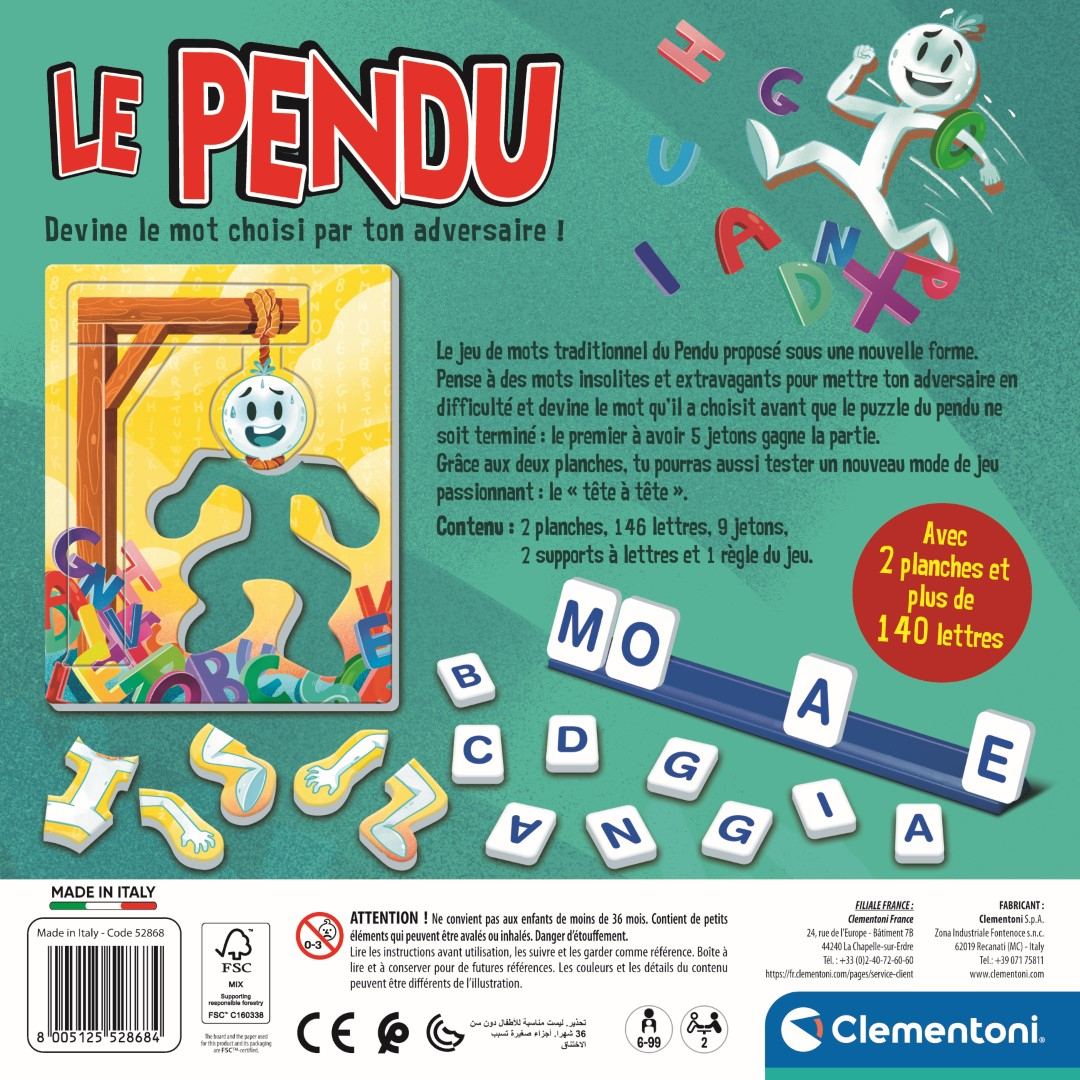 Una scatola di gioco da tavolo. Il titolo "Le Pendu" è in alto. Ci sono lettere e una figura dell'impiccato sulla scatola.