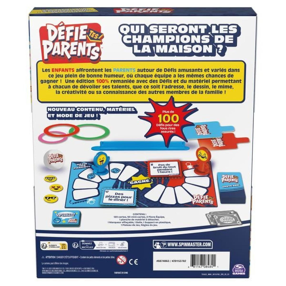 Doos van het bordspel 'Defie Parents'. Tekst en spelelementen zichtbaar op een blauwe achtergrond.