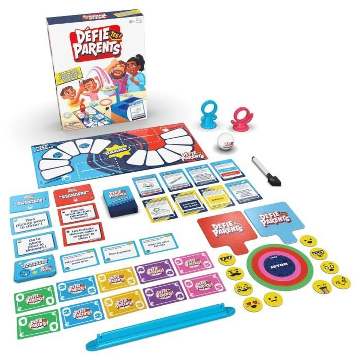 Een bordspel met een doos, pionnen, kaarten, fiches en een spelbord. Op de doos staat Defie Tes Parents.