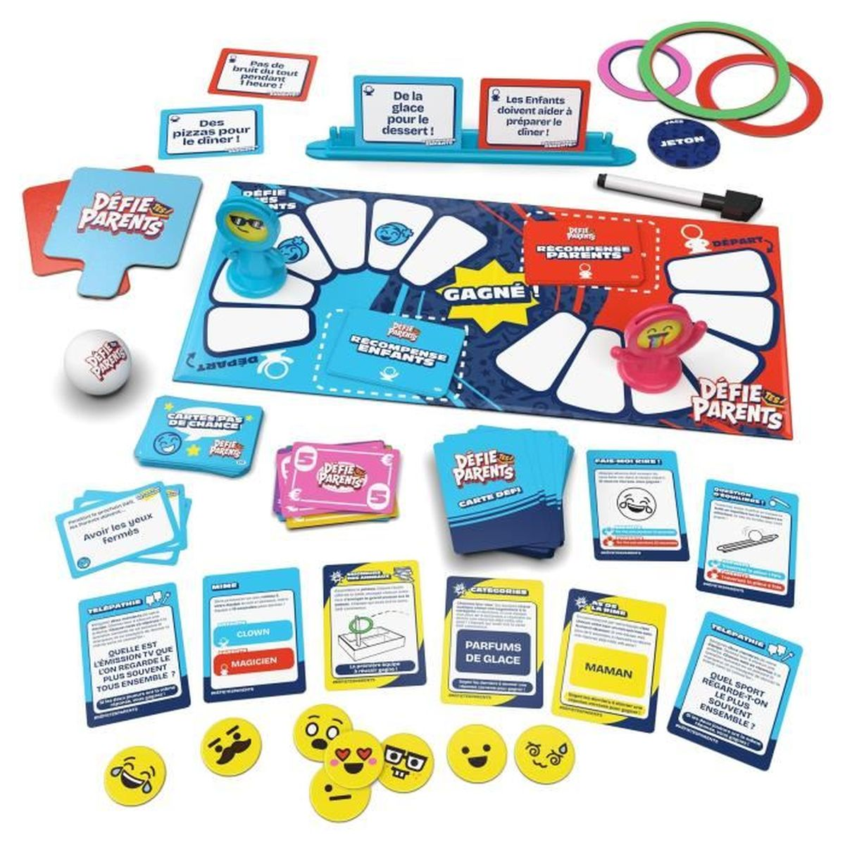 Bordspel met kaarten, fiches en spelstukken. Bevat bord, vragenkaarten en emoji-fiches.