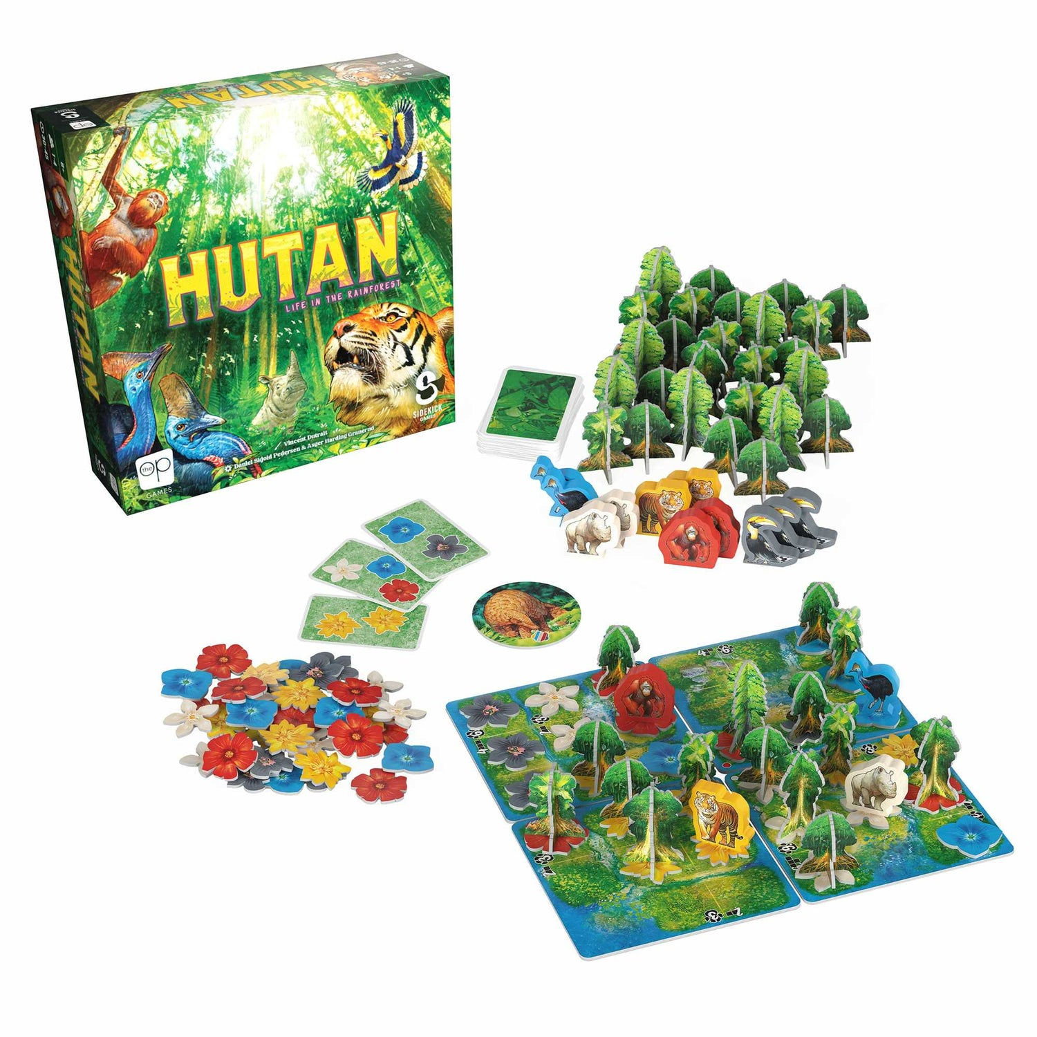 Brettspiel 'Hutan: Life in the Rainforest' mit Spielsteinen, Karten und Schachtel mit Tiger und Orang-Utan.