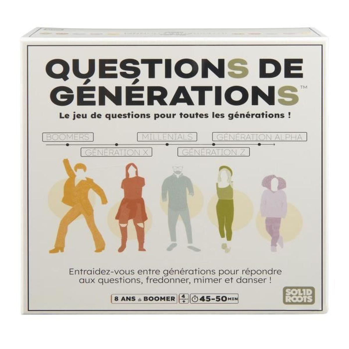 Doos van een spel genaamd 'Questions de Generations'. Het heeft figuren die verschillende generaties vertegenwoordigen, vanaf 8 jaar, en Boomers.
