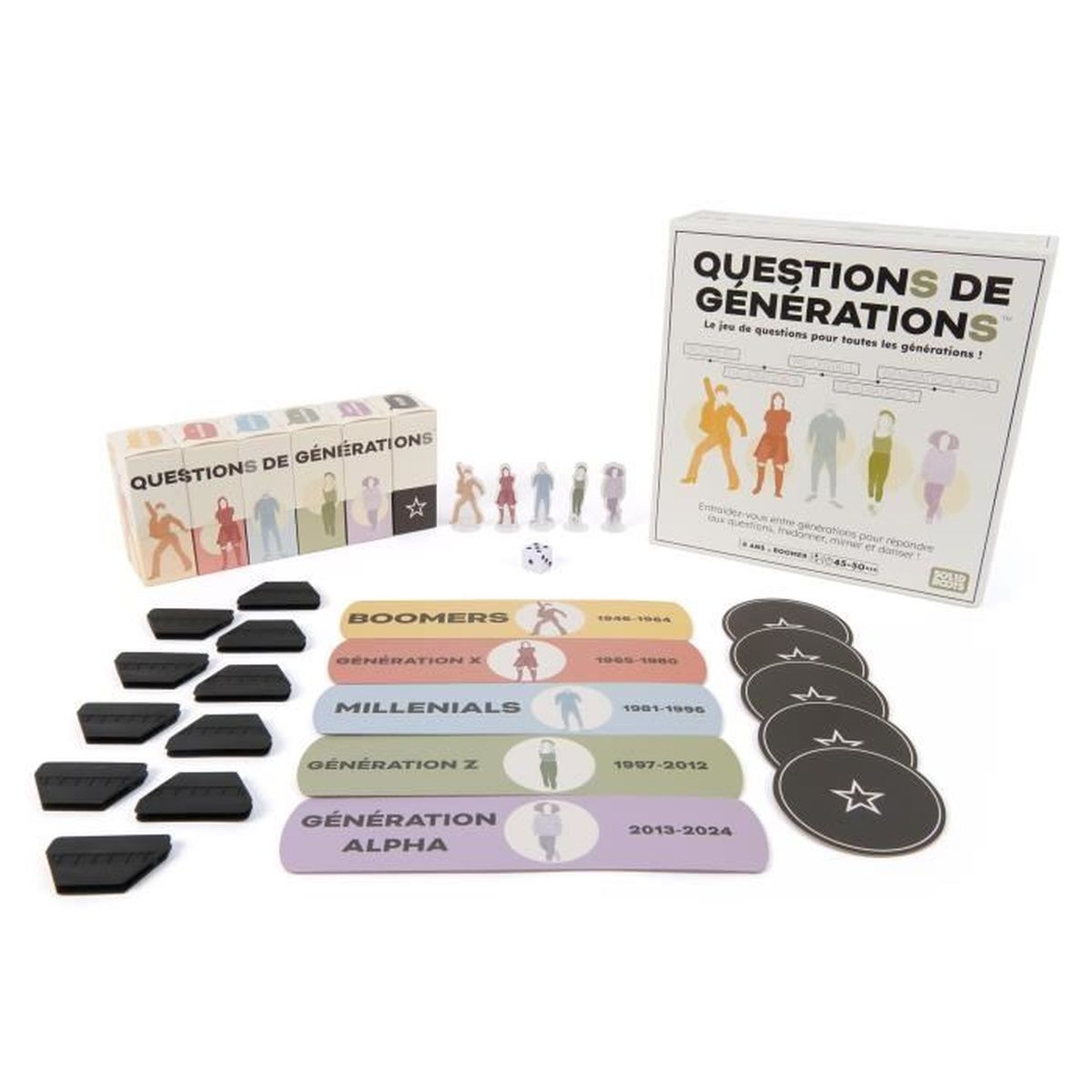 Bordspel 'Questions de Generations' met speelstukken, generatielabels, dobbelstenen en een doos. Verschillende kleuren en figuren zijn zichtbaar.