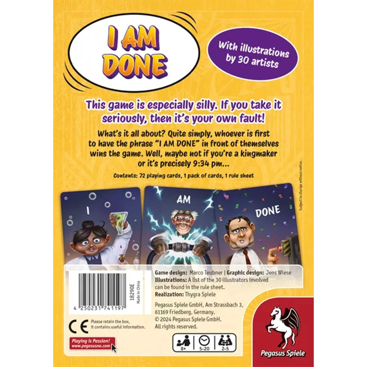 Rückseite einer Brettspielbox. Der Titel "I AM DONE" ist prominent. Illustrationen und Text zum Spiel sind abgebildet.